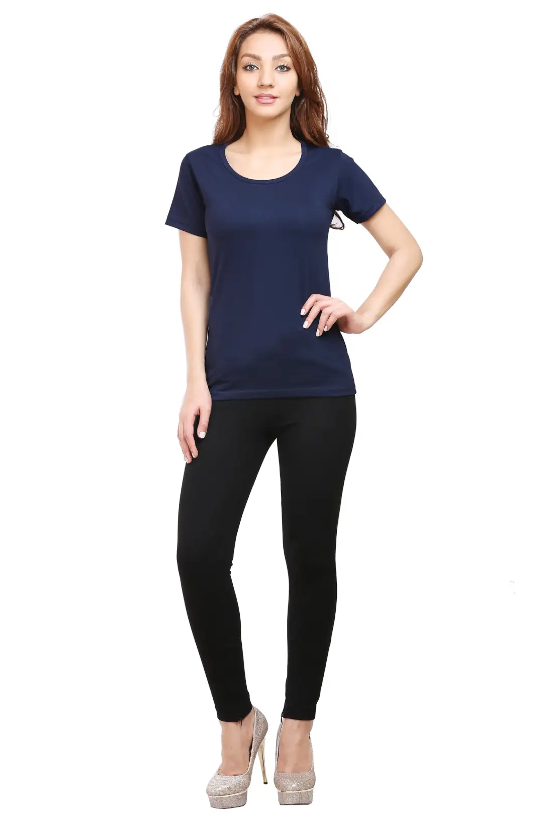 Women Solid Plain Combed Cotton T-shirt Navy Blue - Image 6