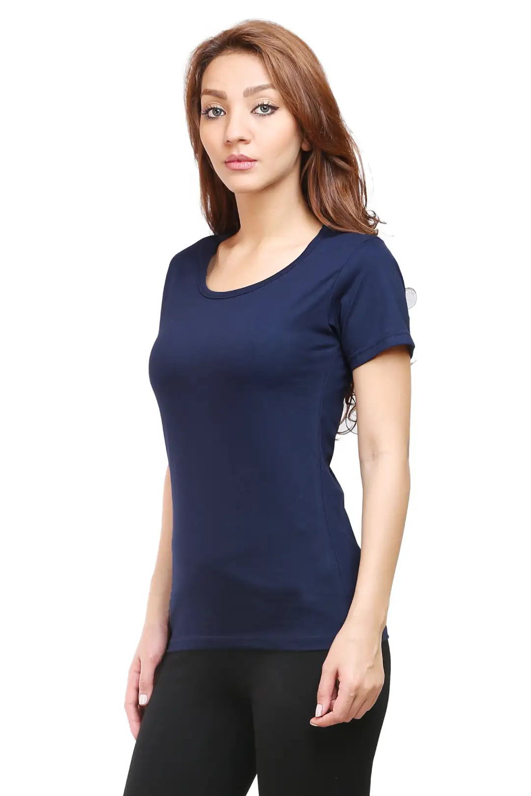 Women Solid Plain Combed Cotton T-shirt Navy Blue - Image 3