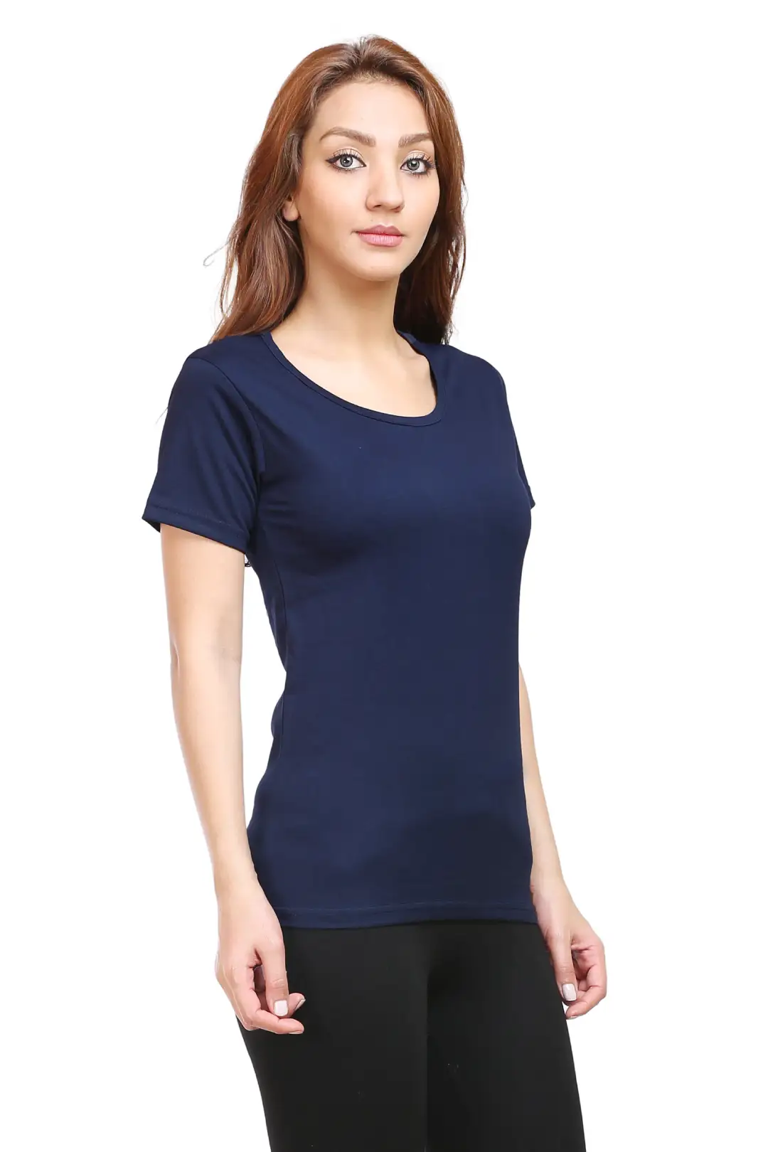 Women Solid Plain Combed Cotton T-shirt Navy Blue - Image 2