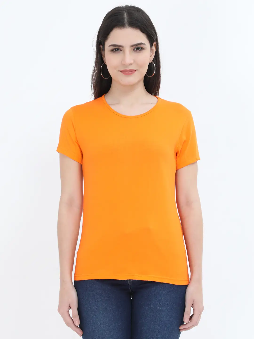 Women Solid Plain Combed Cotton T-shirt Orange