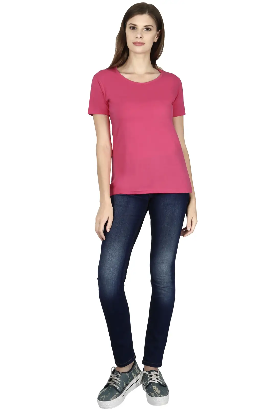 Women Solid Plain Combed Cotton T-shirt Pink - Image 5