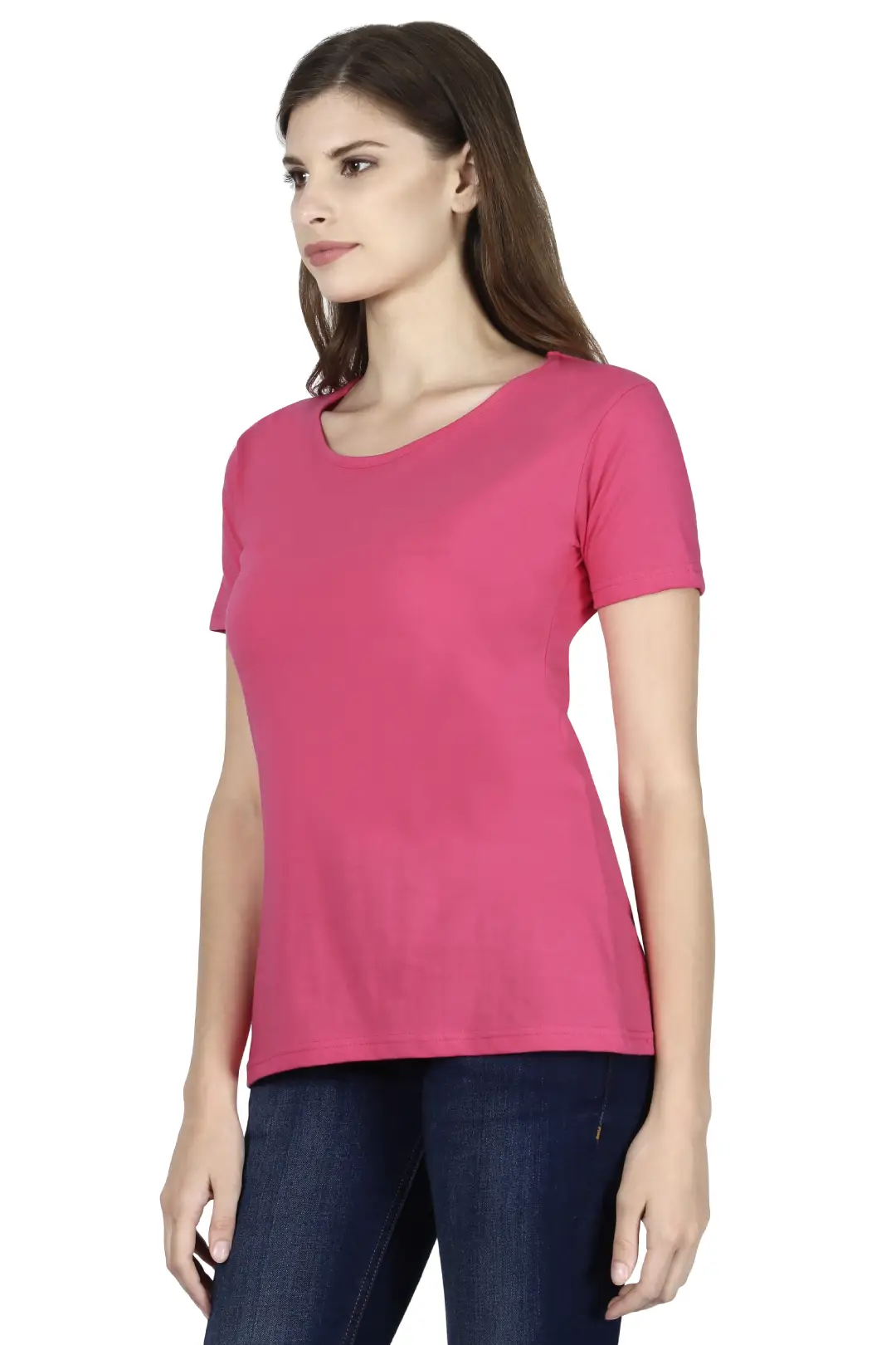 Women Solid Plain Combed Cotton T-shirt Pink - Image 2