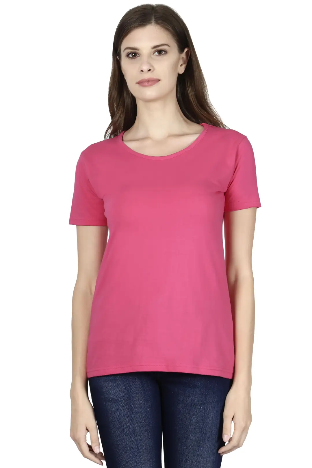 Women Solid Plain Combed Cotton T-shirt Pink
