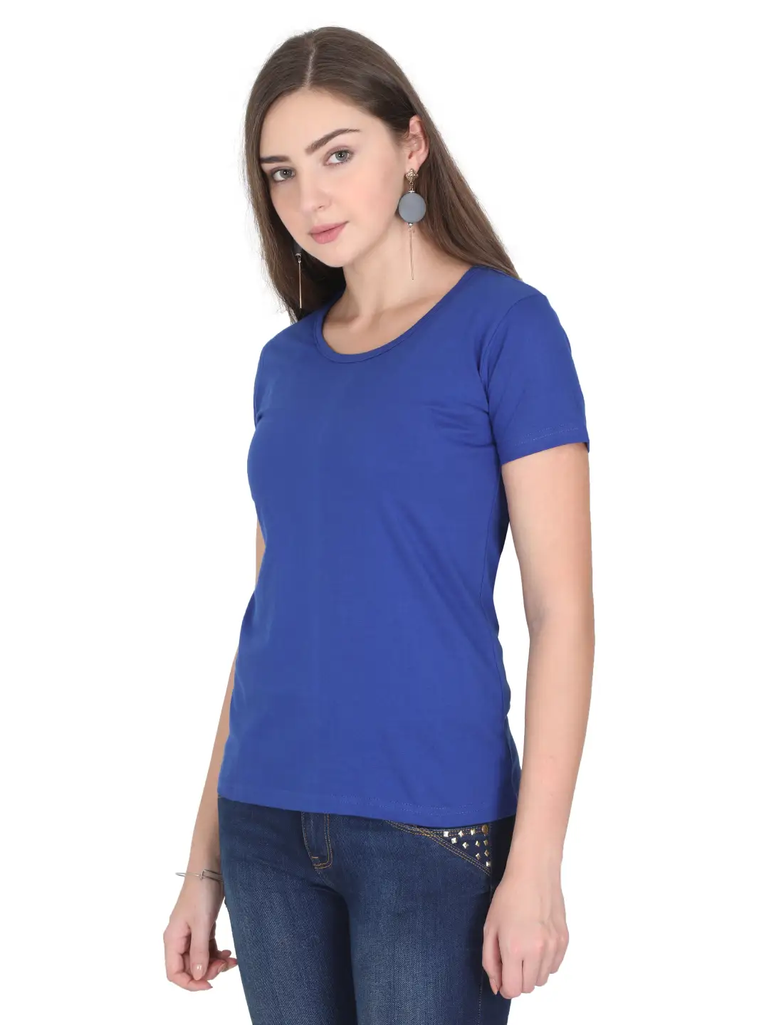 Women Solid Plain Combed Cotton T-shirt Royal Blue - Image 2