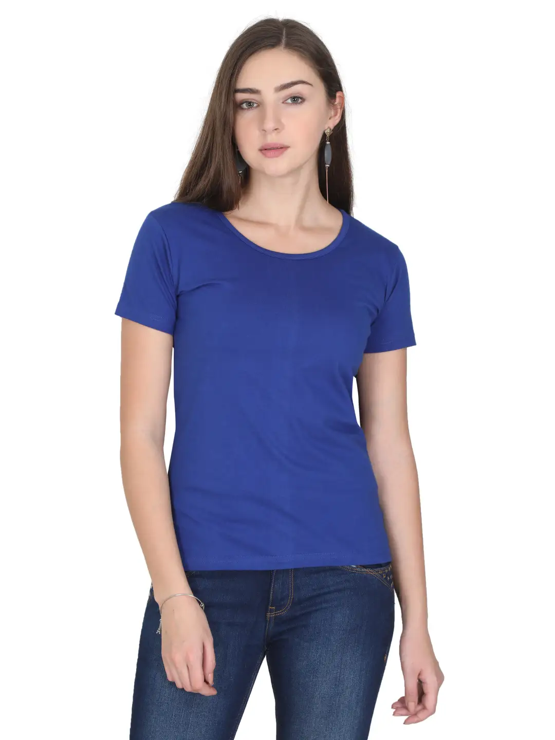 Women Solid Plain Combed Cotton T-shirt Royal Blue