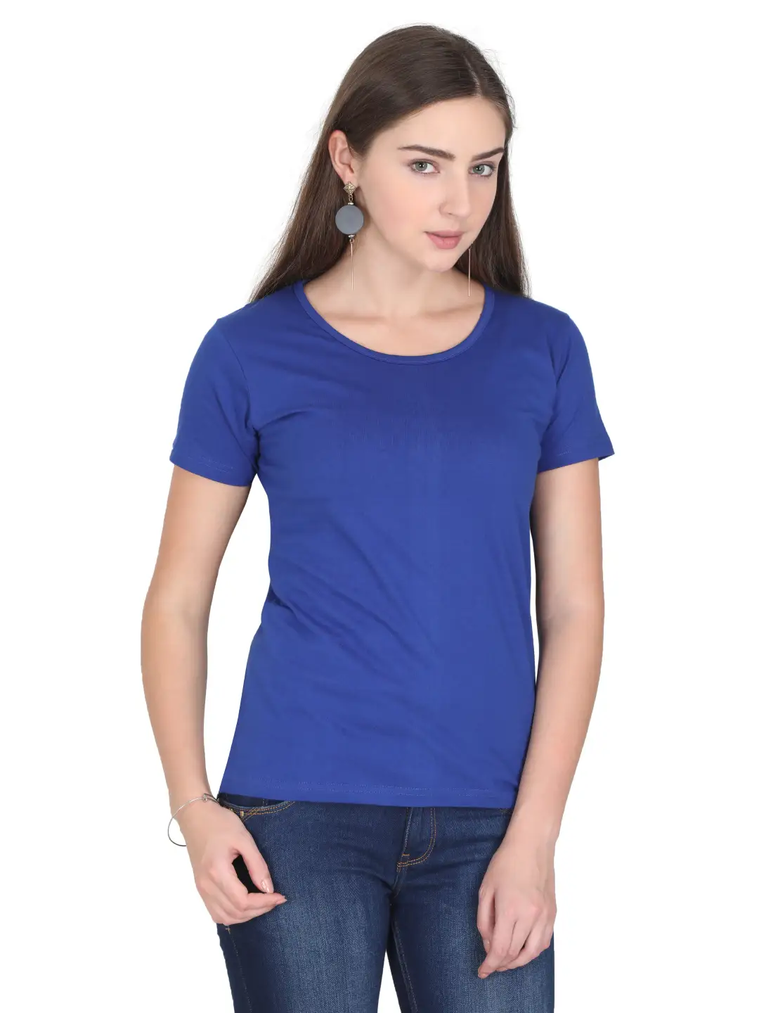 Women Solid Plain Combed Cotton T-shirt Royal Blue - Image 3
