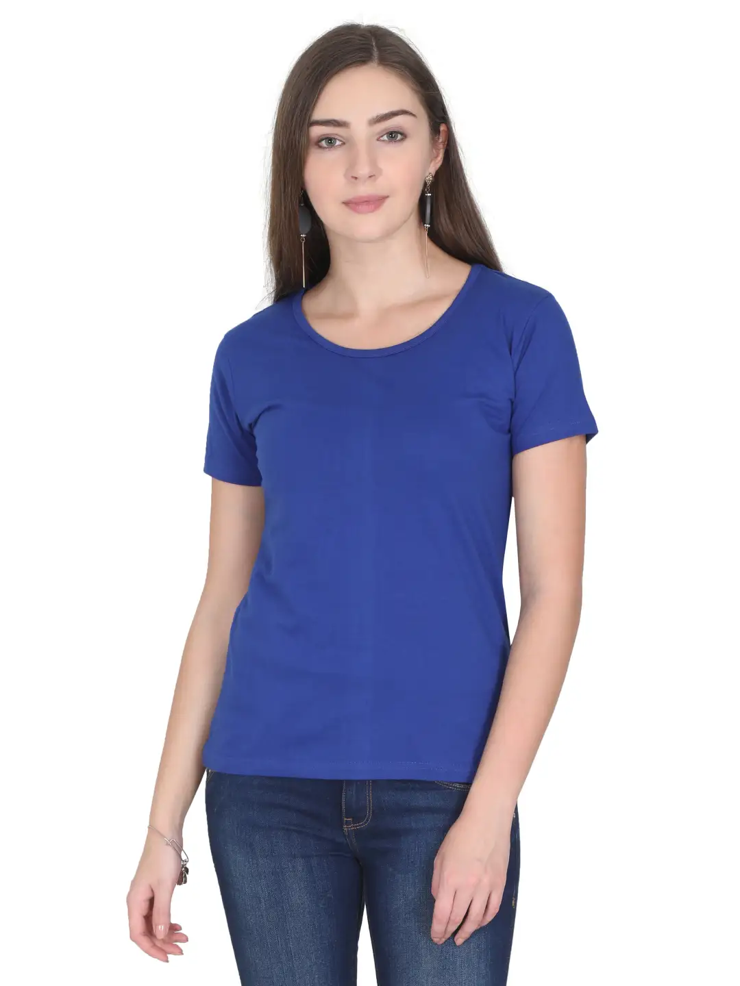 Women Solid Plain Combed Cotton T-shirt Royal Blue - Image 6