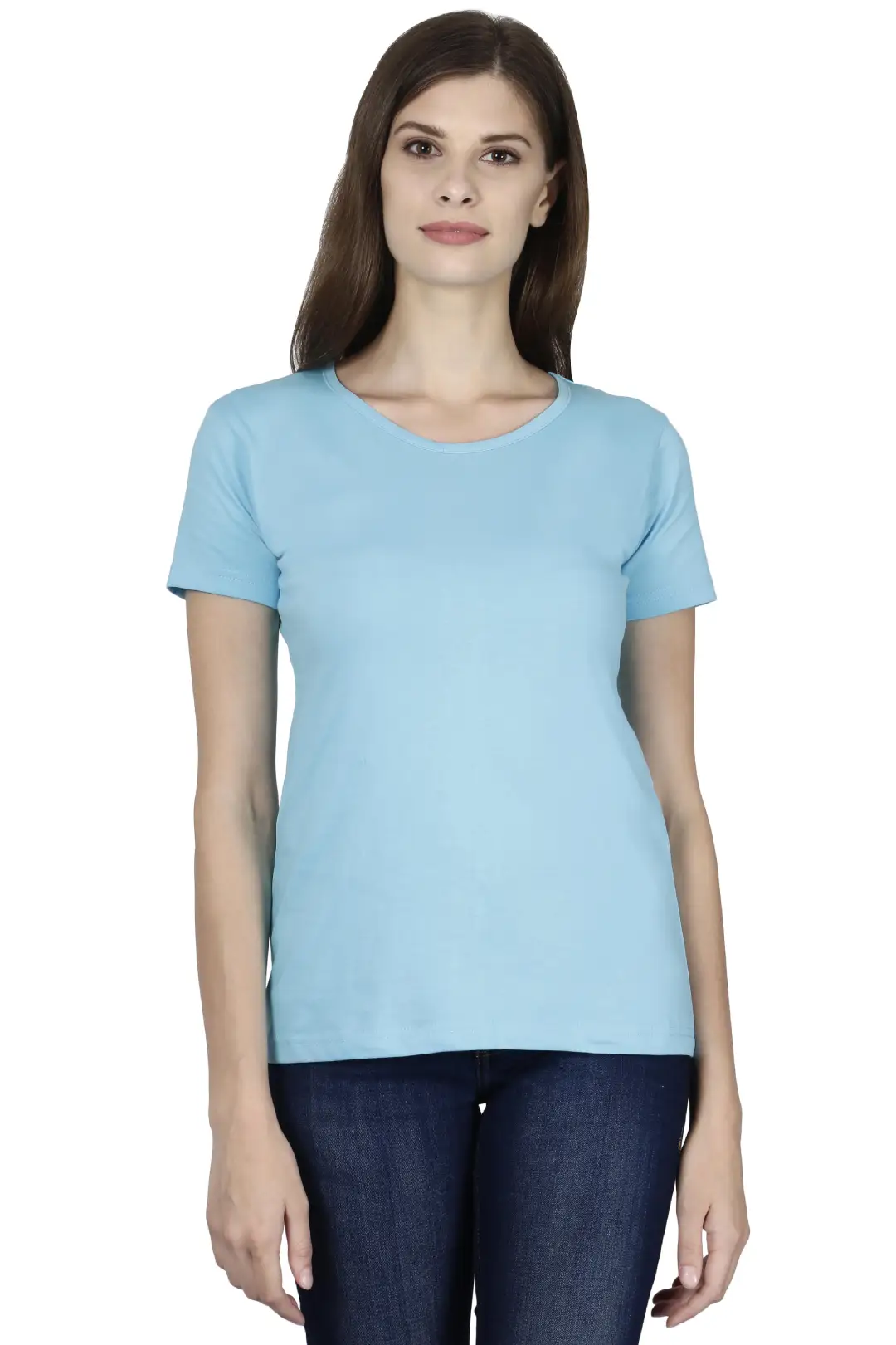Women Solid Plain Combed Cotton T-shirt Sky Blue