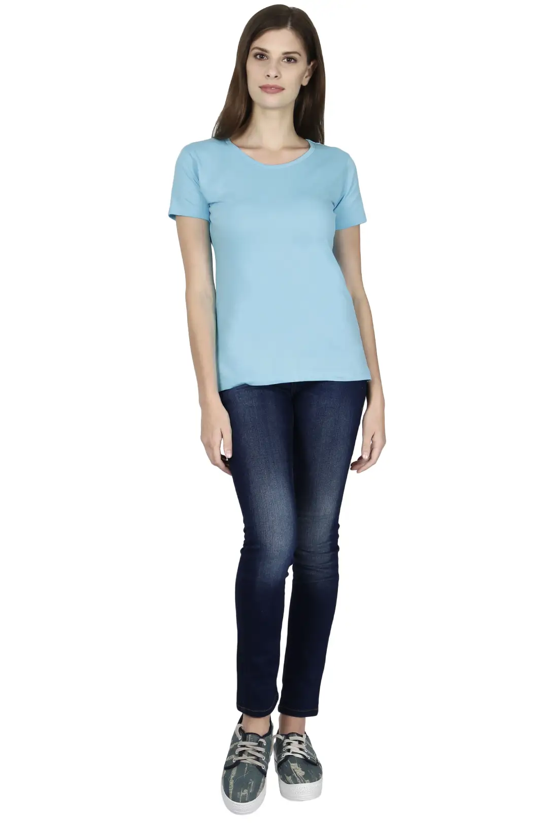 Women Solid Plain Combed Cotton T-shirt Sky Blue - Image 4