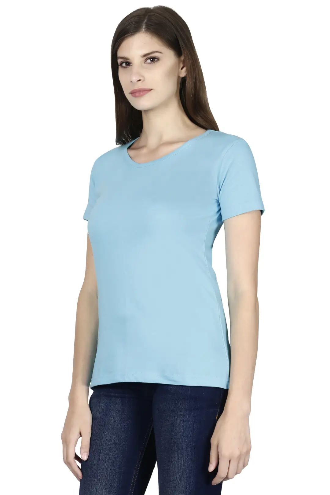 Women Solid Plain Combed Cotton T-shirt Sky Blue - Image 2