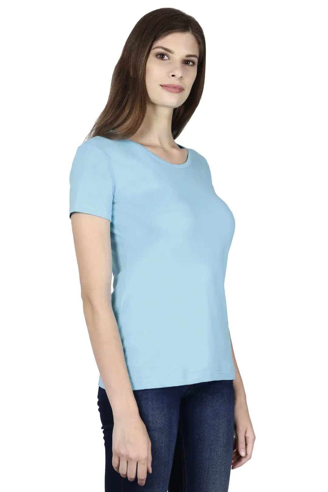 Women Solid Plain Combed Cotton T-shirt Sky Blue - Image 5