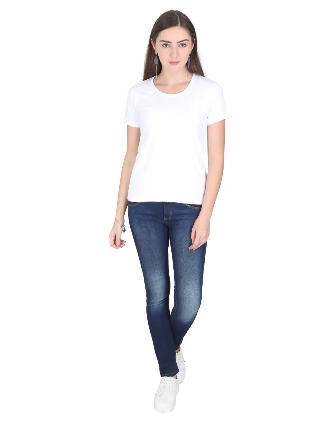 Women Solid Plain Combed Cotton T-shirt White - Image 6