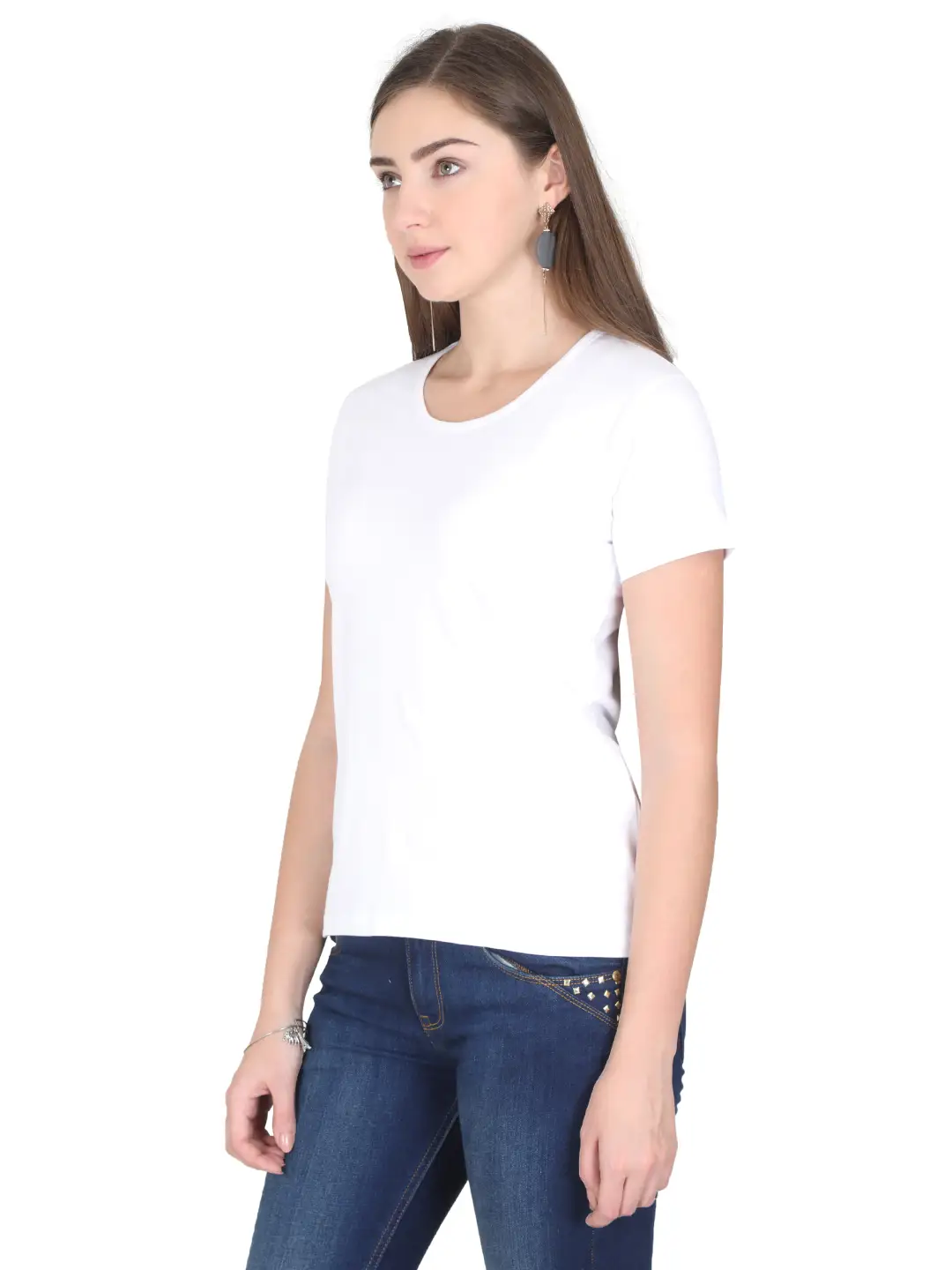 Women Solid Plain Combed Cotton T-shirt White - Image 5