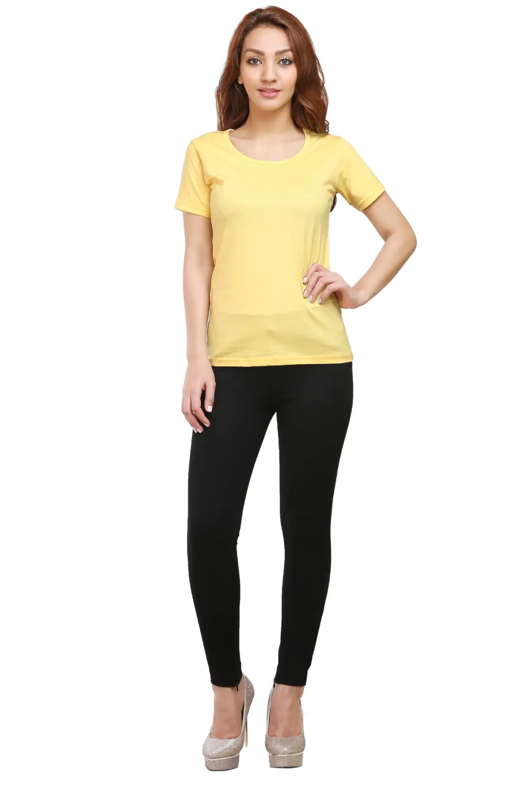 Women Solid Plain Combed Cotton T-shirt Yellow - Image 6