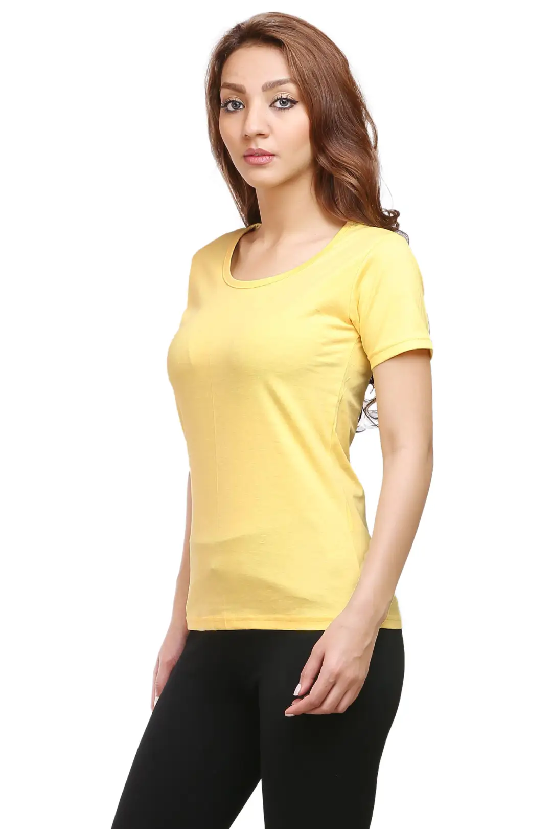 Women Solid Plain Combed Cotton T-shirt Yellow - Image 3