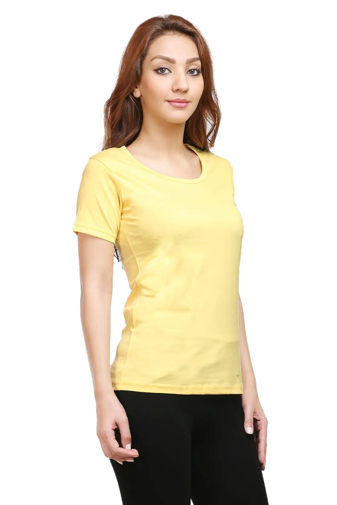 Women Solid Plain Combed Cotton T-shirt Yellow
