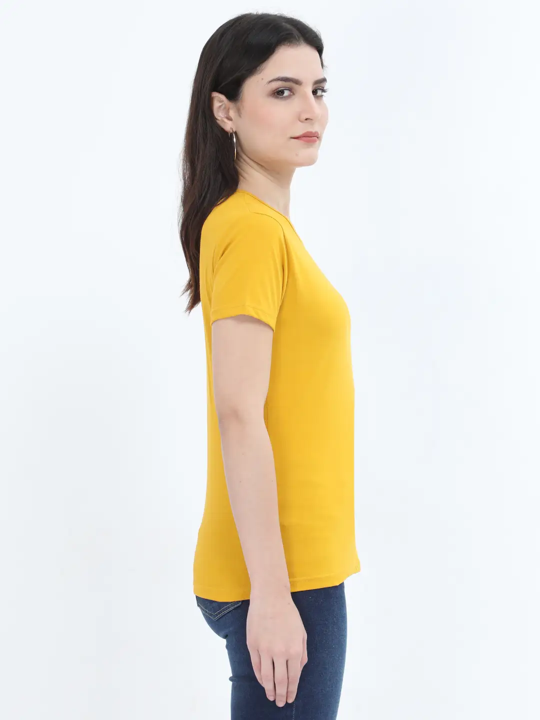 Women Solid Plain Combed Cotton T-shirt Mustard Yellow - Image 3