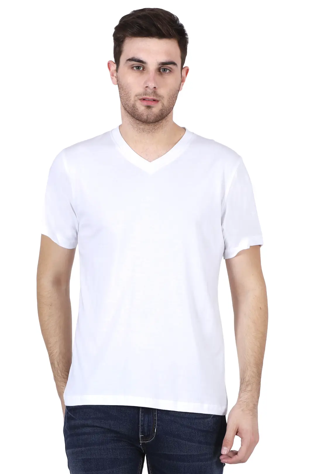 Men V Neck Cotton White T-Shirt