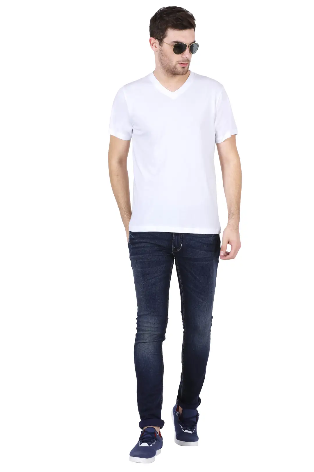 Men V Neck Cotton White T-Shirt - Image 4