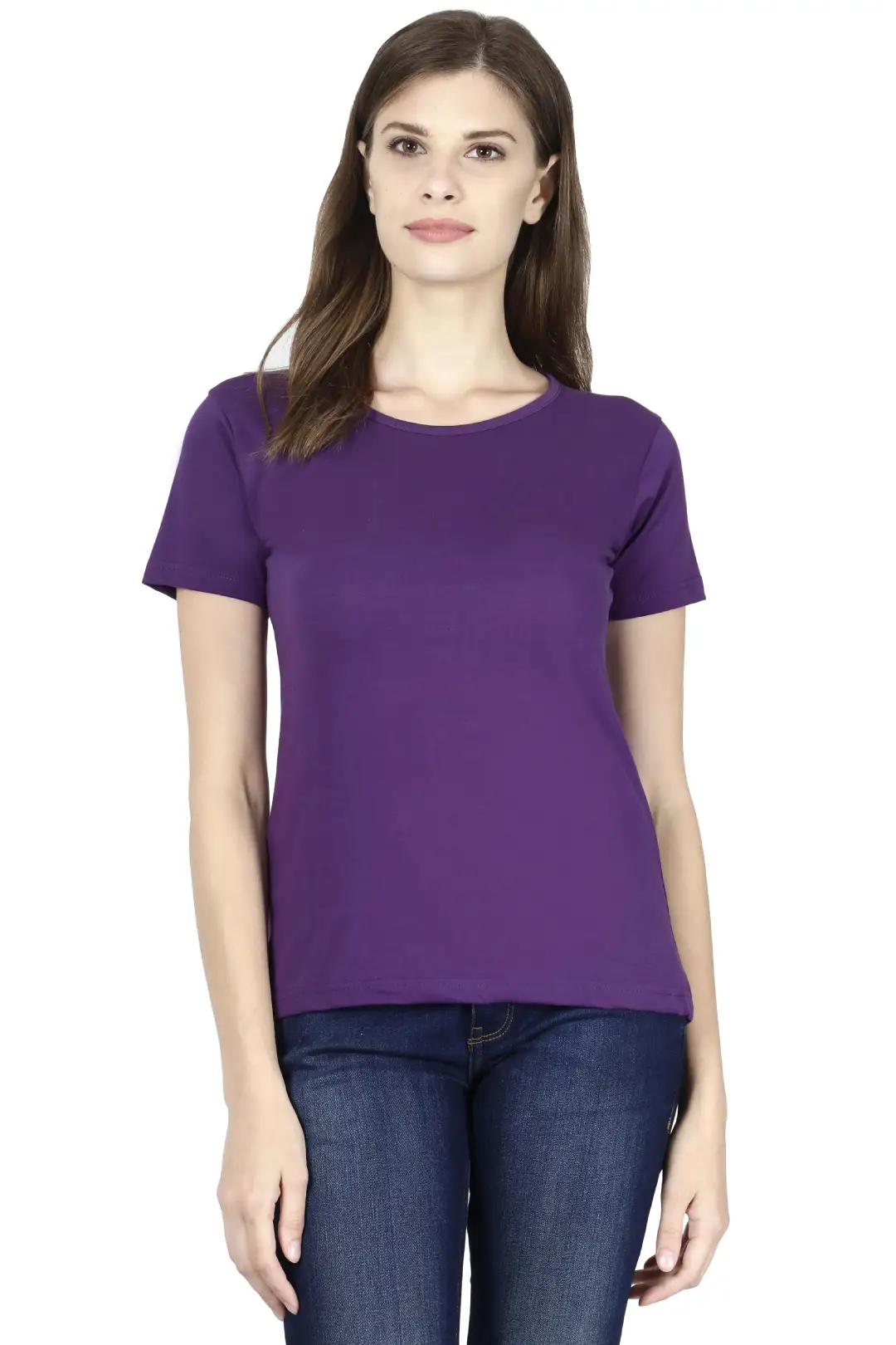 Women Solid Plain Combed Cotton T-shirt Purple - Image 3