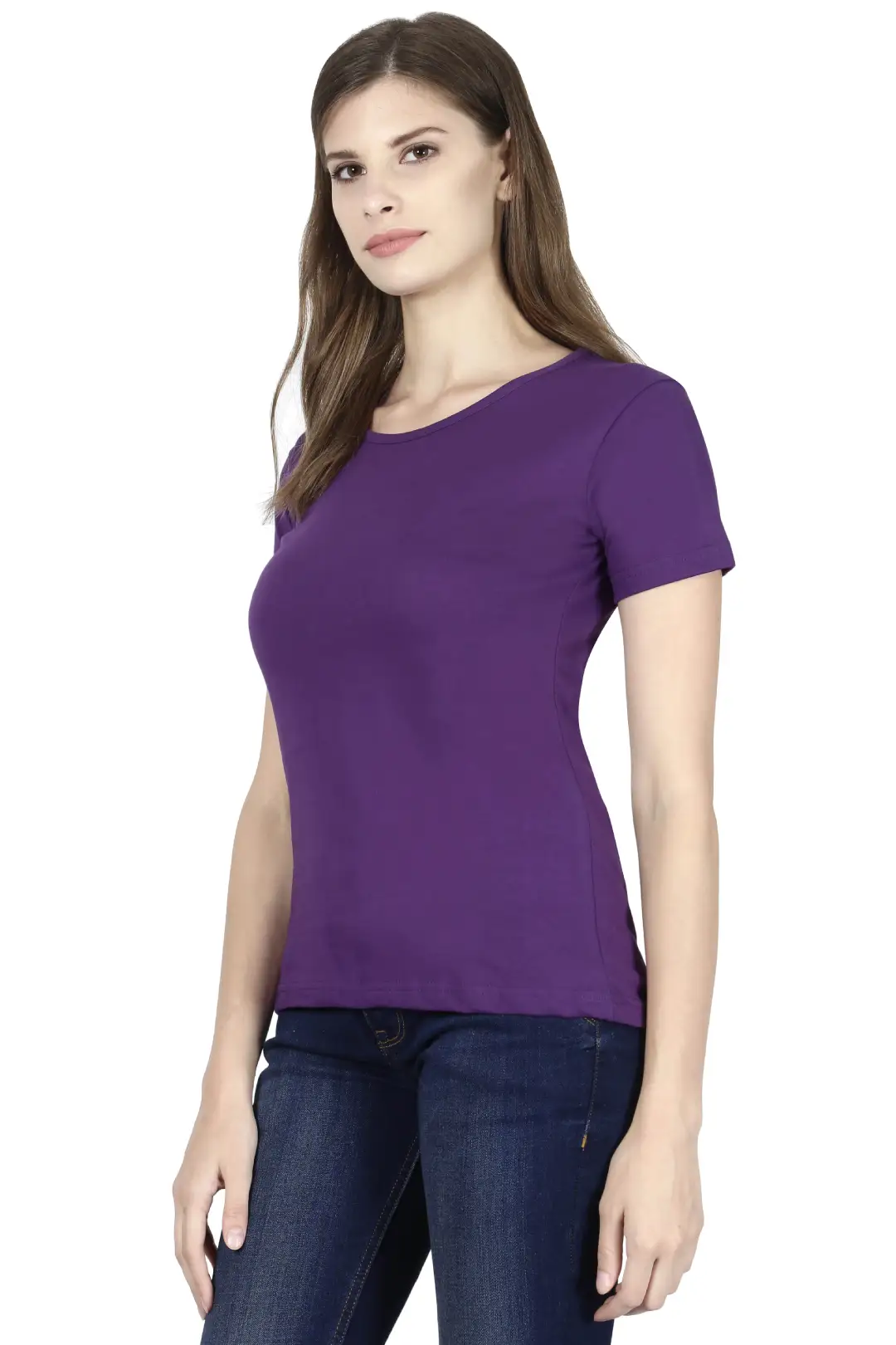 Women Solid Plain Combed Cotton T-shirt Purple - Image 4