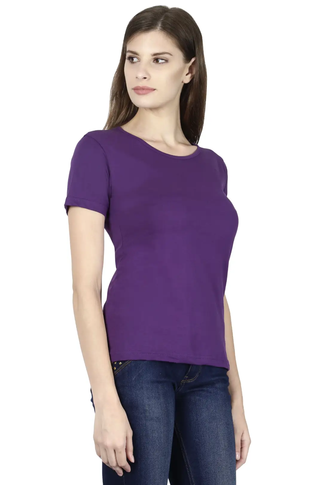 Women Solid Plain Combed Cotton T-shirt Purple