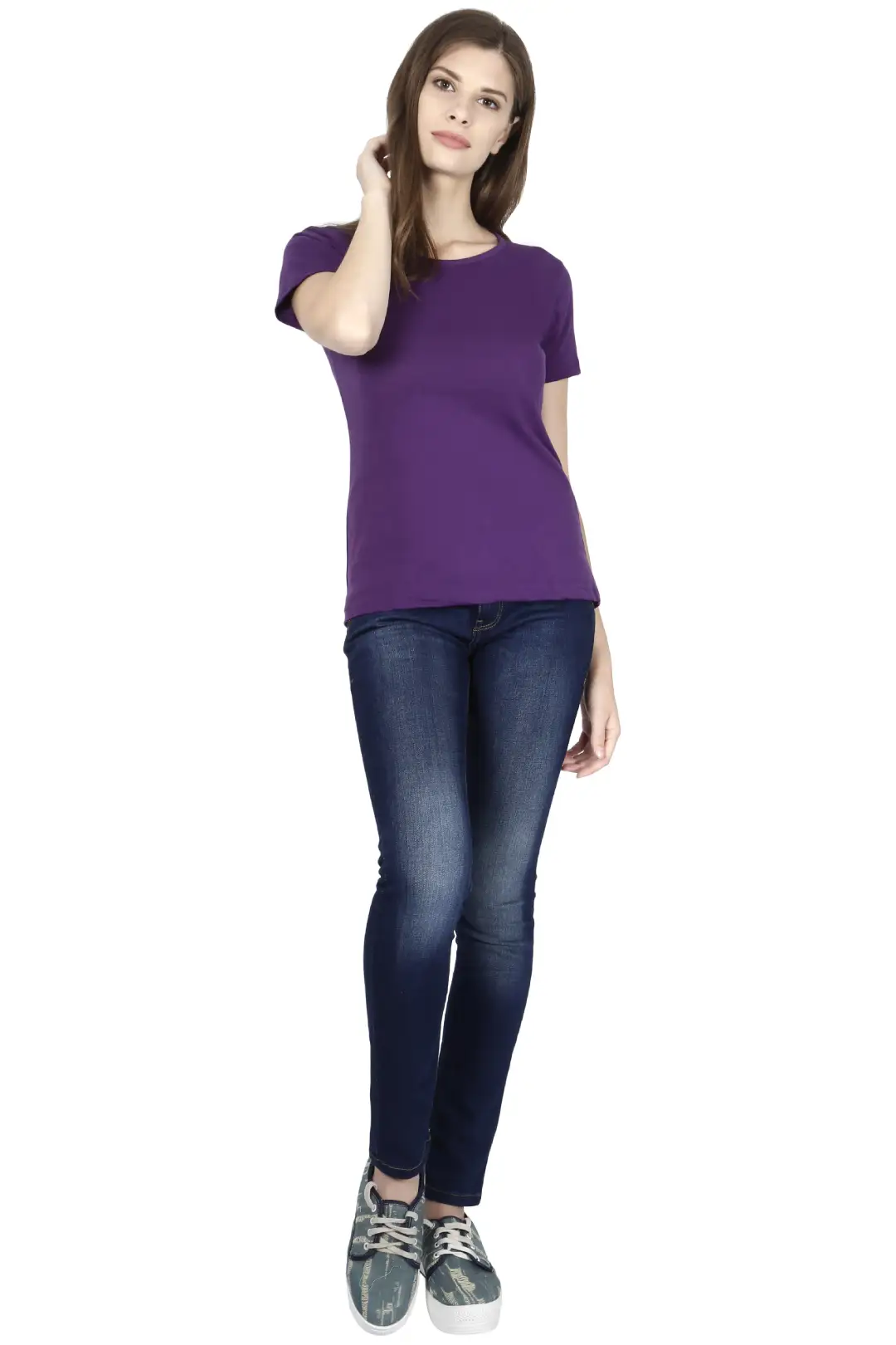 Women Solid Plain Combed Cotton T-shirt Purple - Image 6
