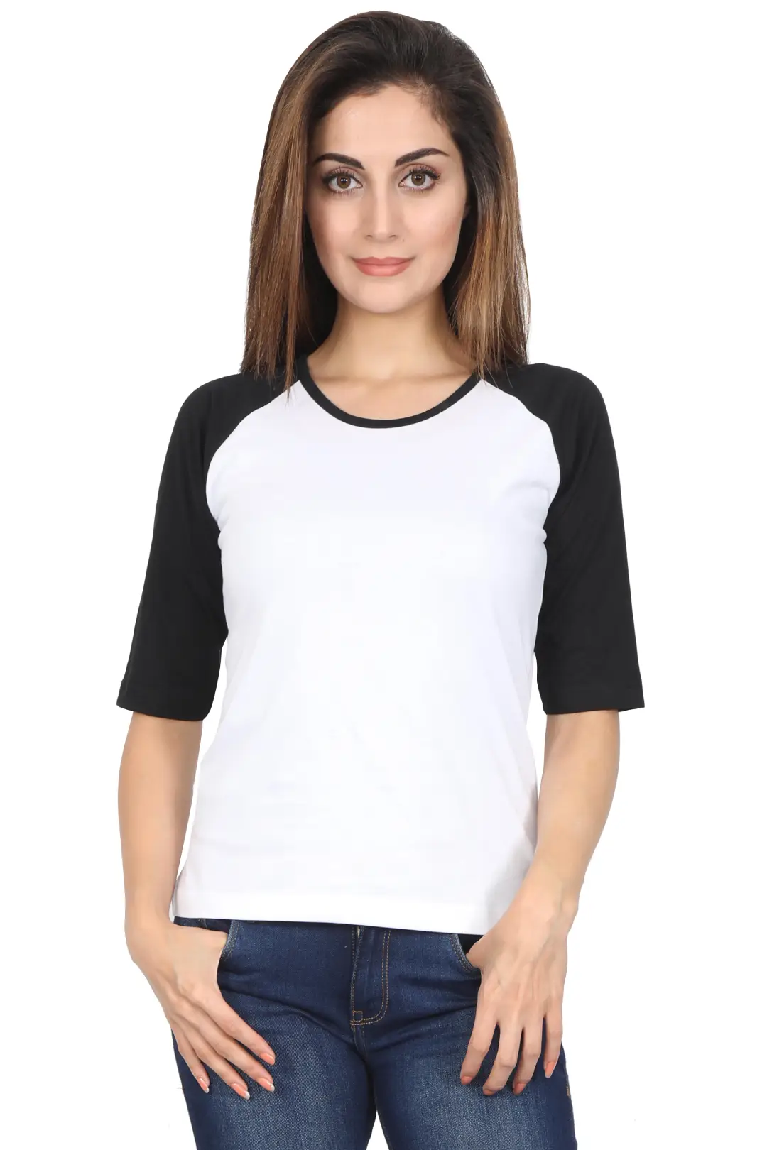 Women 3/4 Sleeves Raglan Cotton T-Shirt - Black/White