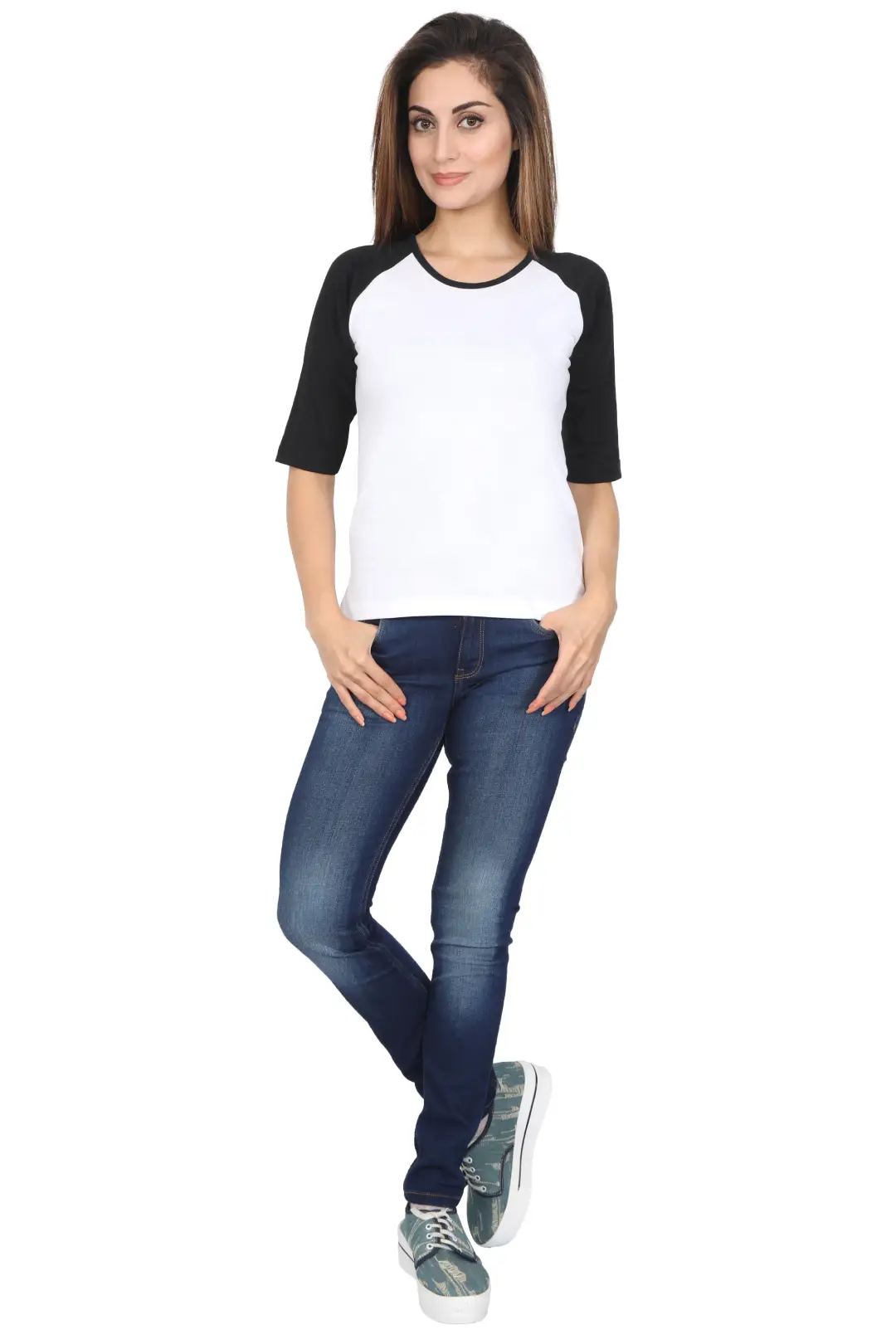 Women 3/4 Sleeves Raglan Cotton T-Shirt - Black/White - Image 6