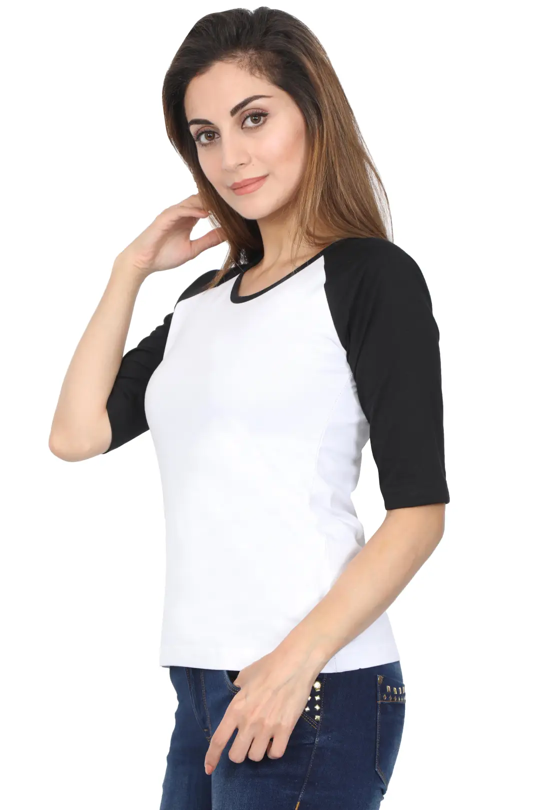 Women 3/4 Sleeves Raglan Cotton T-Shirt - Black/White - Image 3