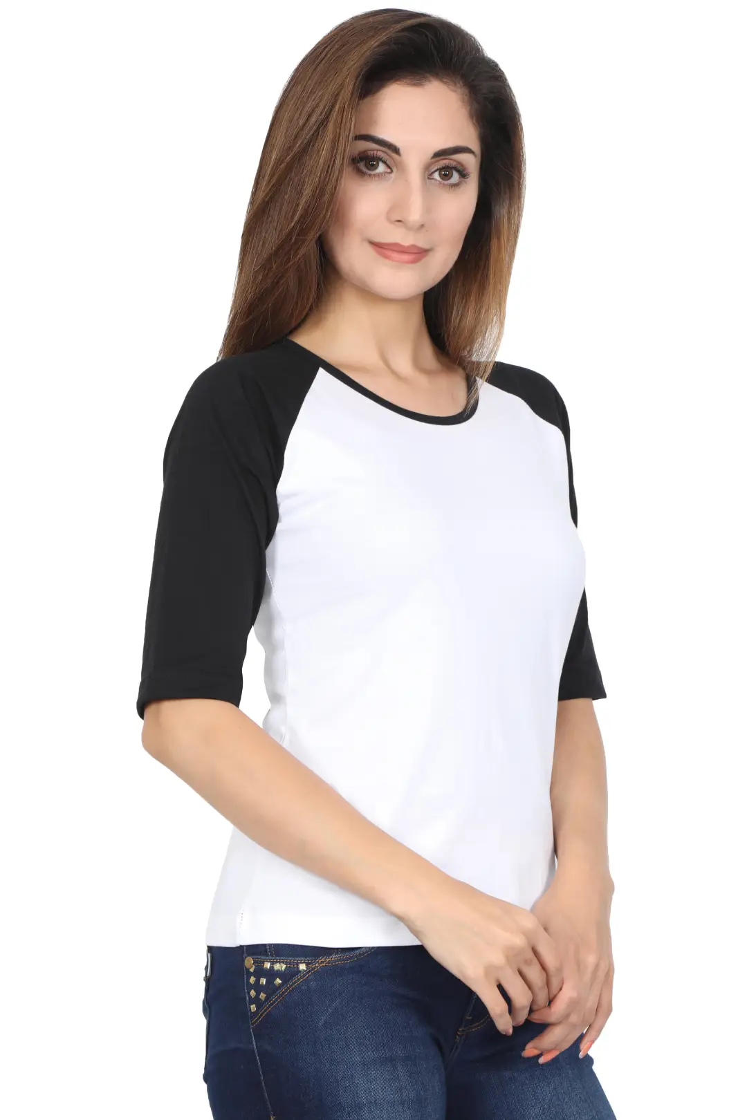 Women 3/4 Sleeves Raglan Cotton T-Shirt - Black/White - Image 2