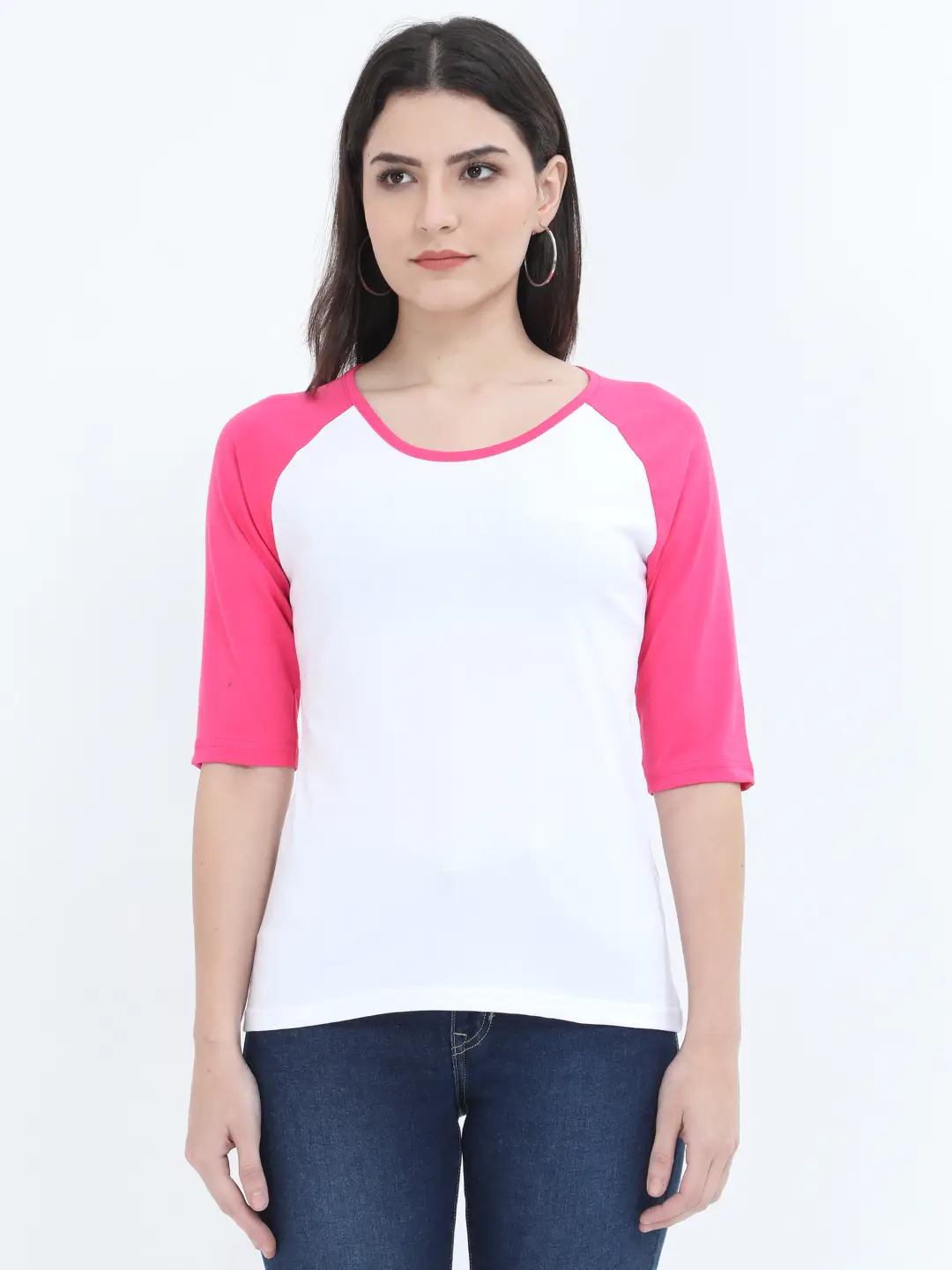 Women’s 3/4 Sleeves Raglan Cotton T-Shirt - Pink/White