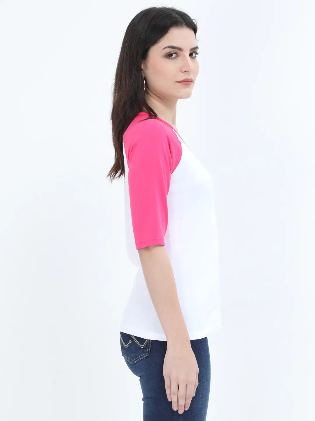 Women’s 3/4 Sleeves Raglan Cotton T-Shirt - Pink/White - Image 3