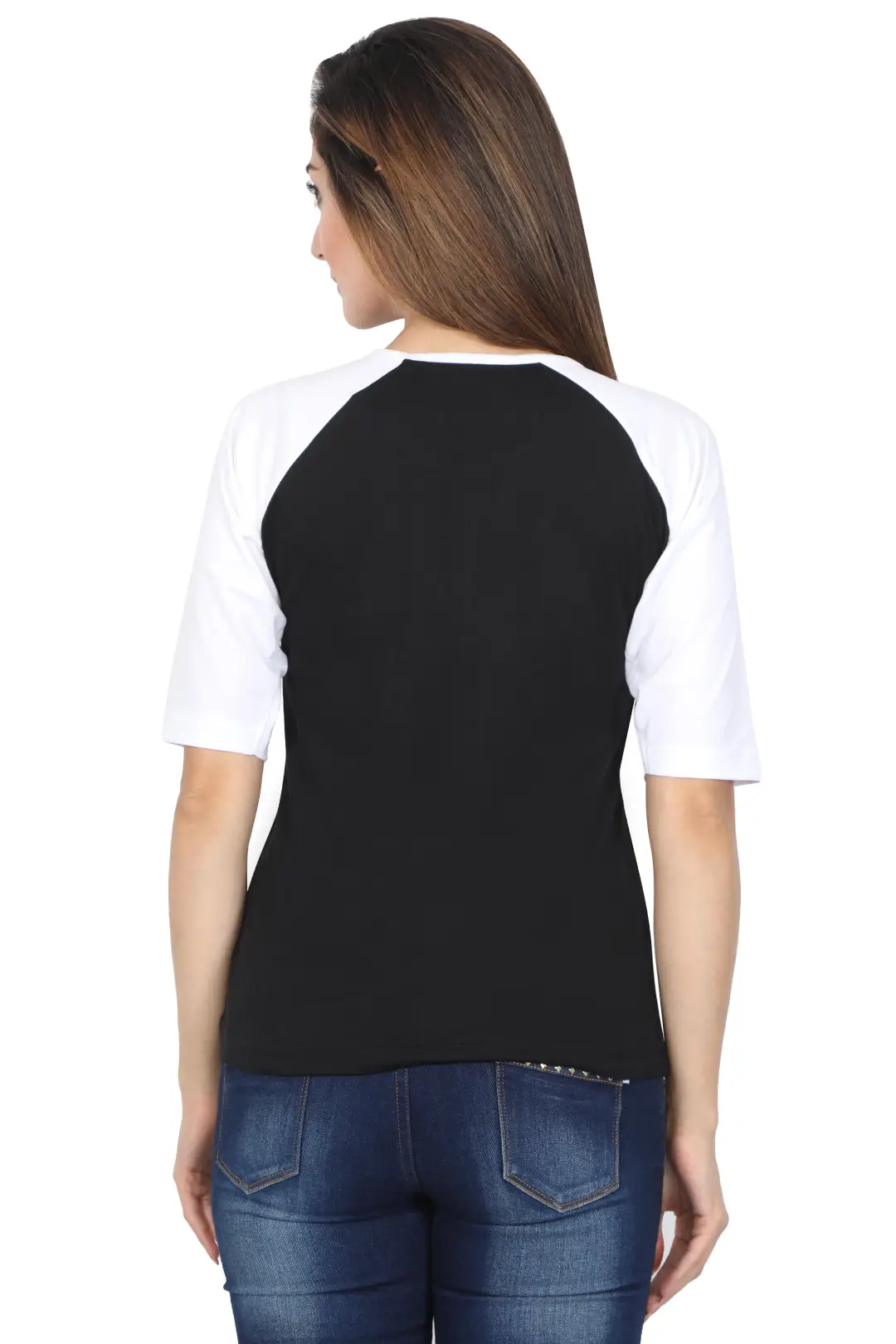 Women 3/4 Sleeves Raglan Cotton T-Shirt - White/Black - Image 5