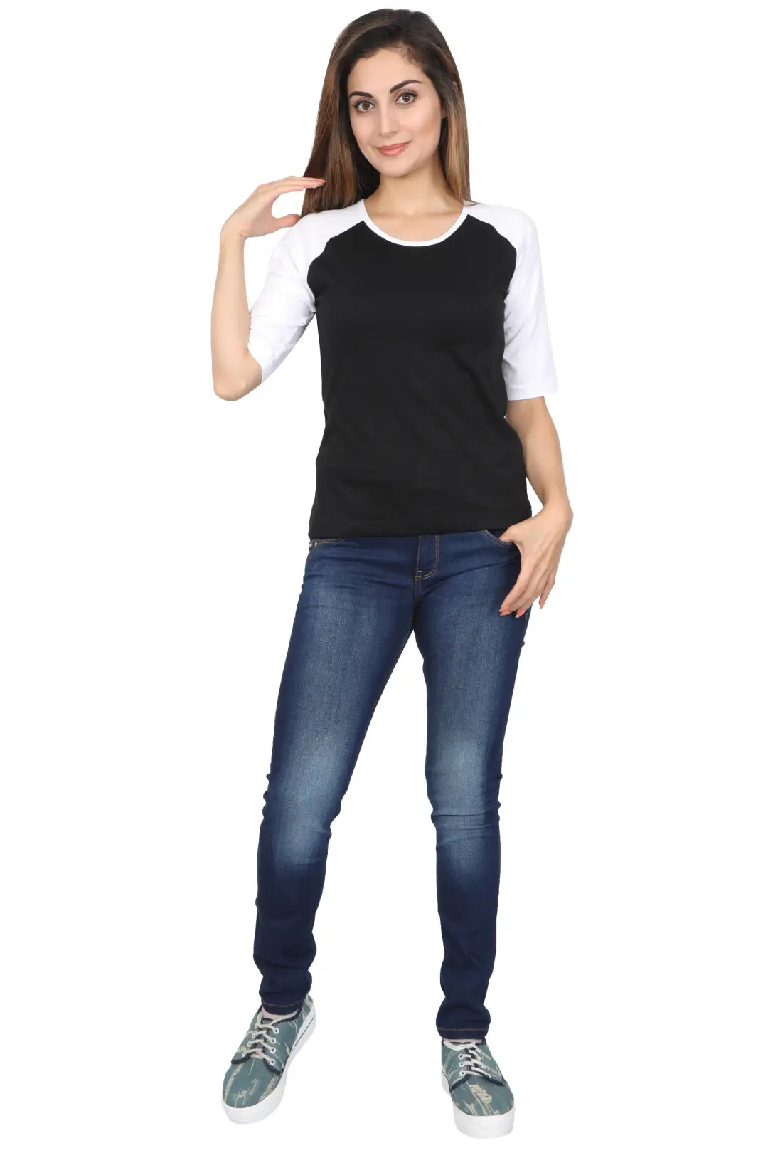 Women 3/4 Sleeves Raglan Cotton T-Shirt - White/Black - Image 6