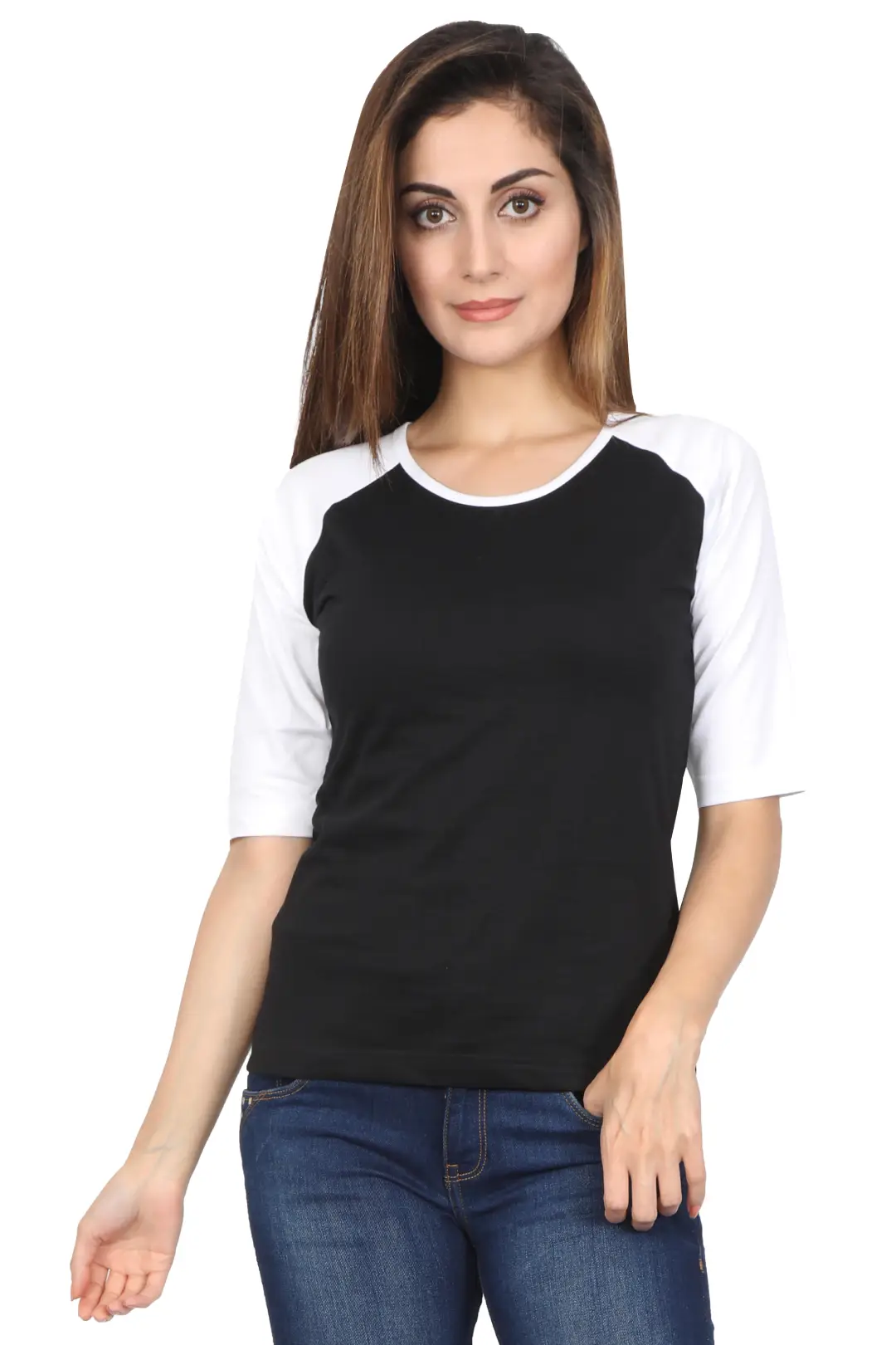 Women 3/4 Sleeves Raglan Cotton T-Shirt - White/Black - Image 2