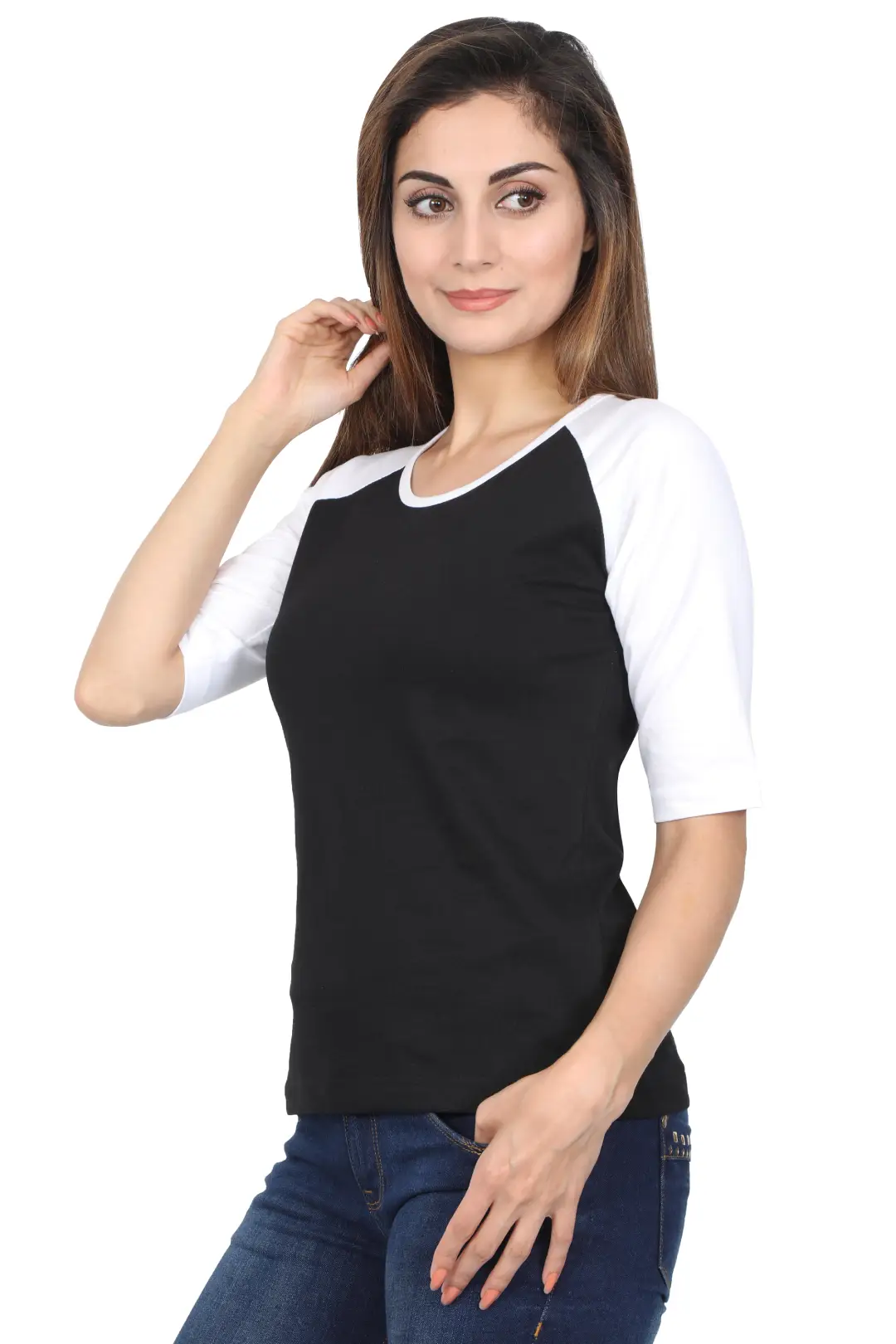Women 3/4 Sleeves Raglan Cotton T-Shirt - White/Black
