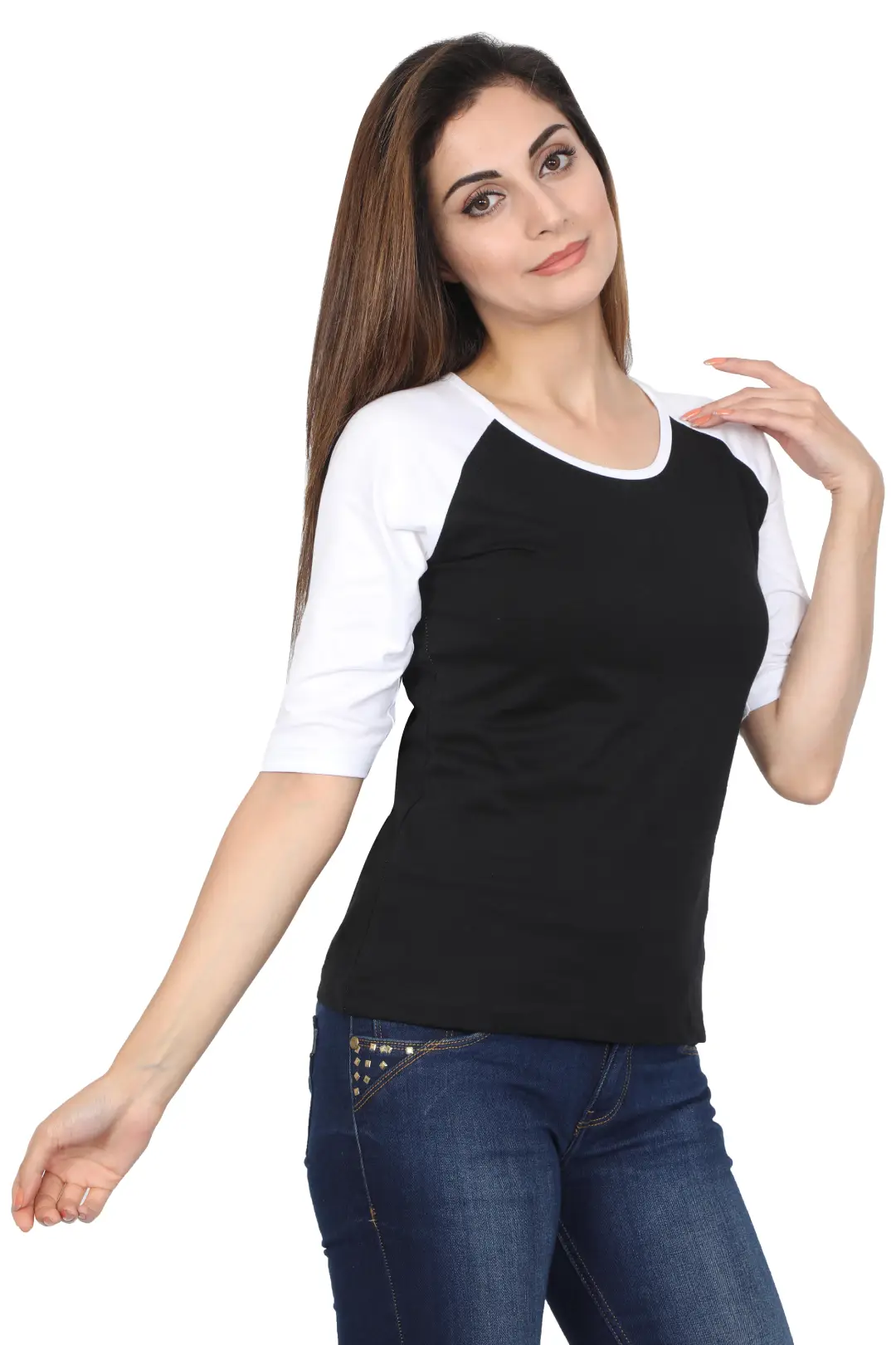 Women 3/4 Sleeves Raglan Cotton T-Shirt - White/Black - Image 3