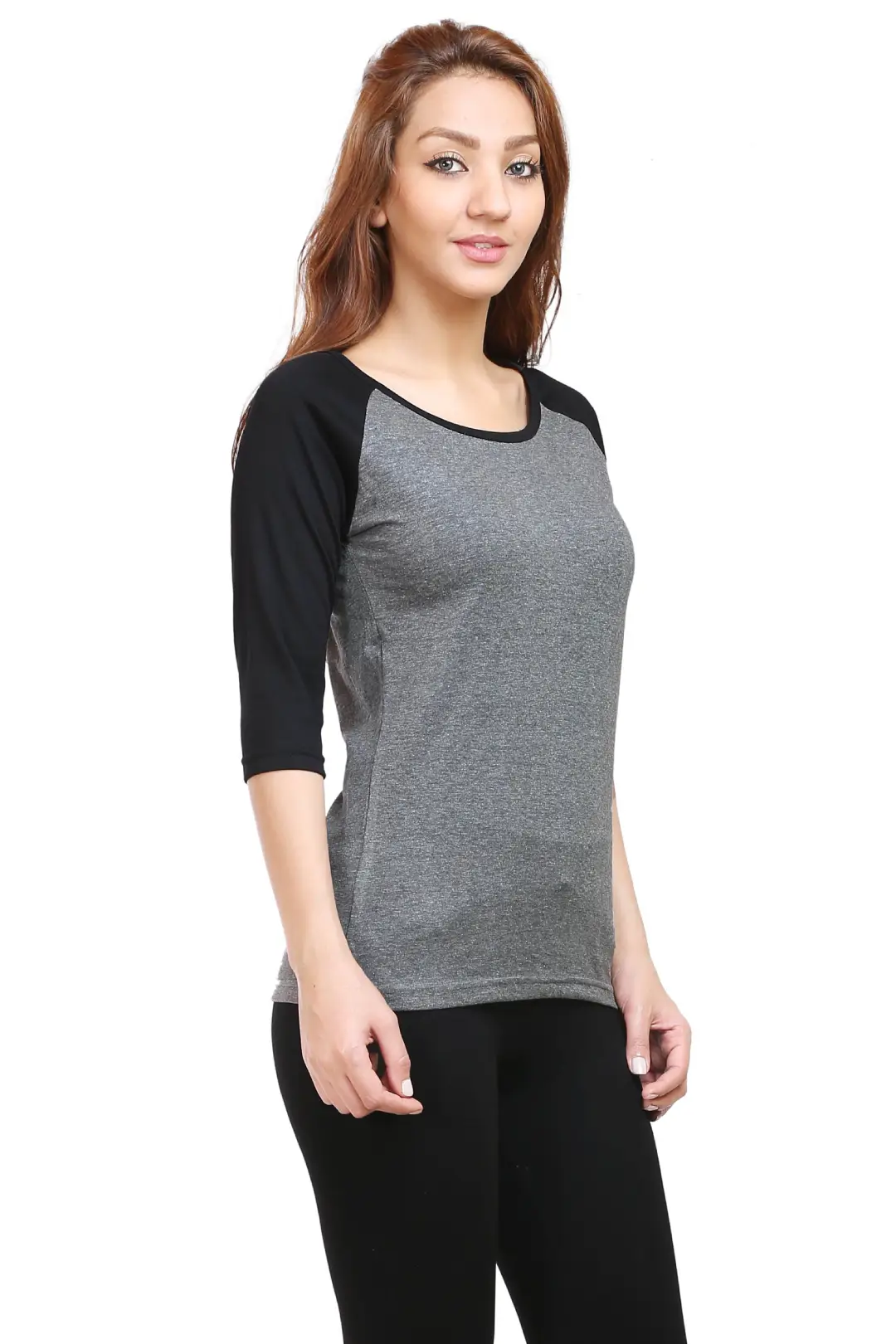Women 3/4 Sleeves Raglan Cotton T-Shirt - Black/Charcoal - Image 2