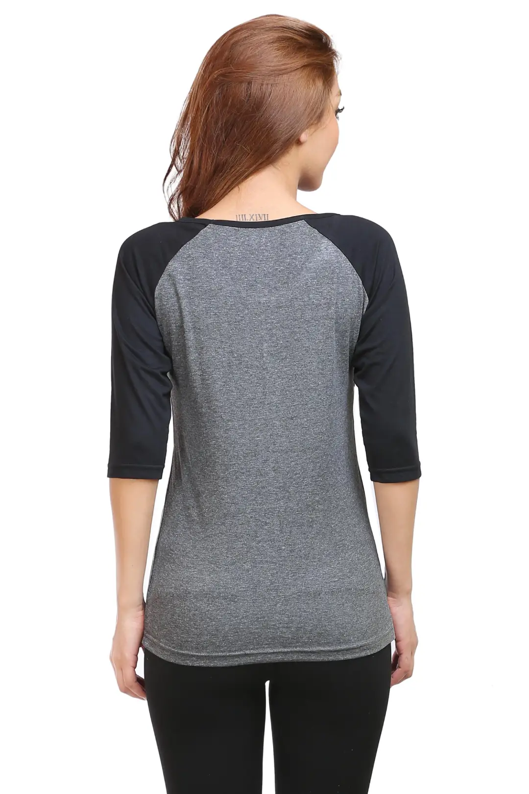 Women 3/4 Sleeves Raglan Cotton T-Shirt - Black/Charcoal - Image 4