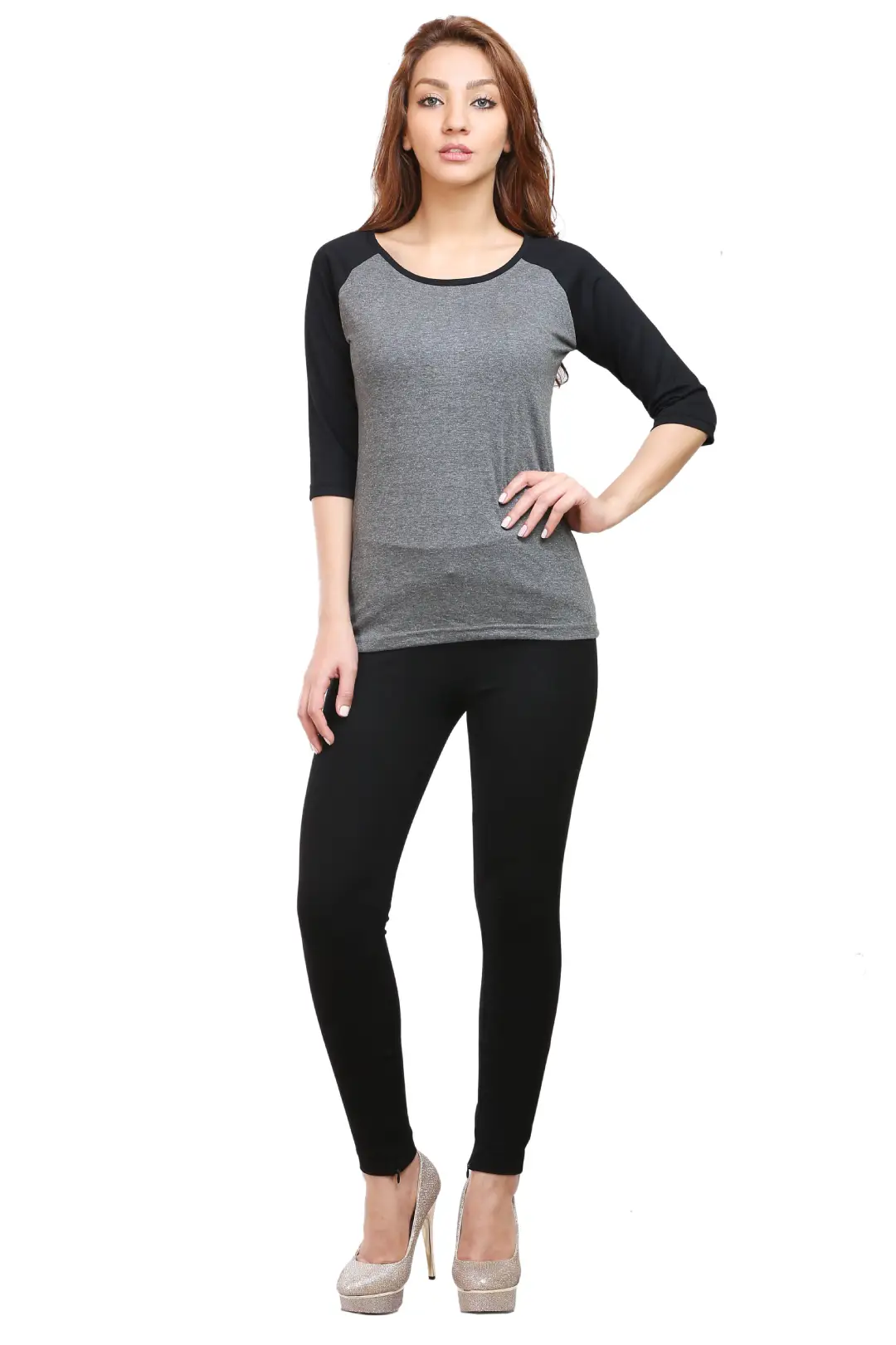 Women 3/4 Sleeves Raglan Cotton T-Shirt - Black/Charcoal - Image 6