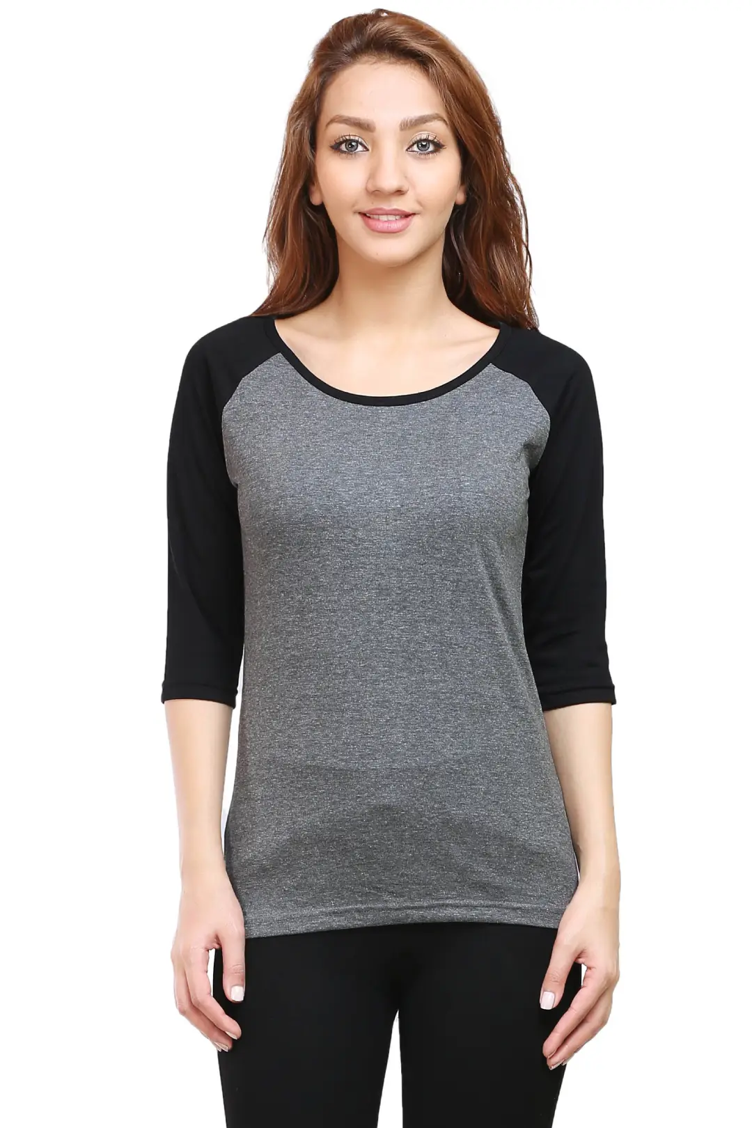 Women 3/4 Sleeves Raglan Cotton T-Shirt - Black/Charcoal