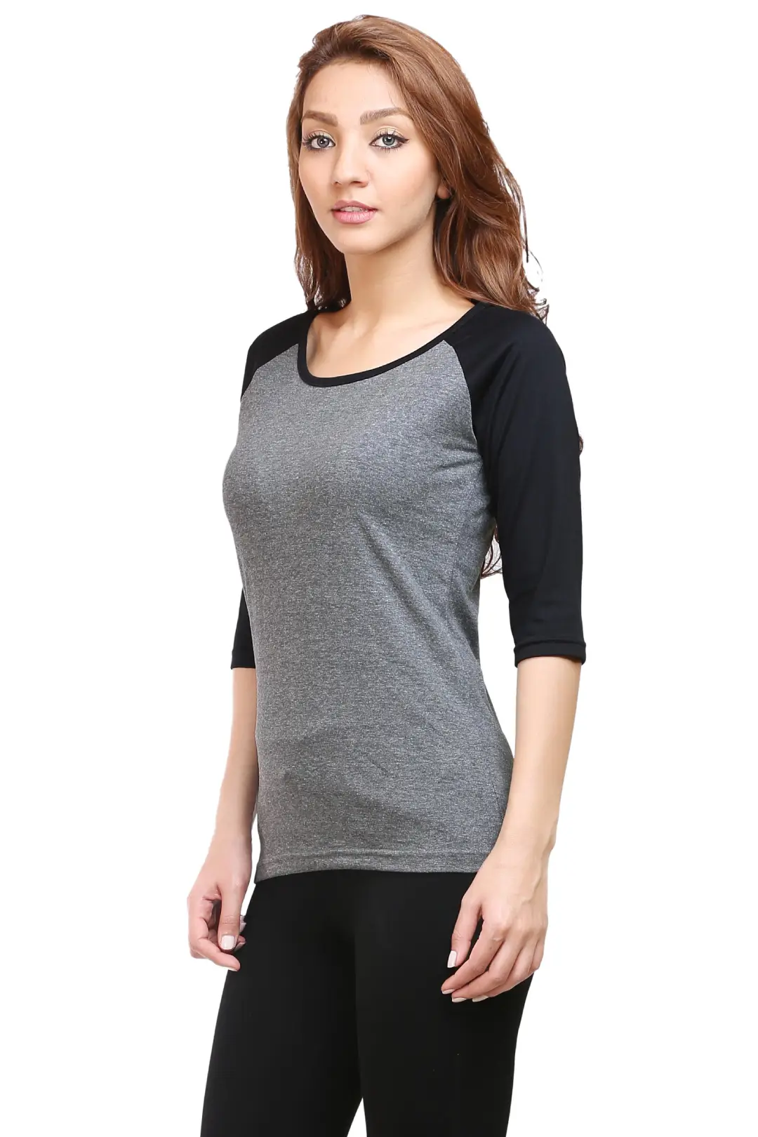 Women 3/4 Sleeves Raglan Cotton T-Shirt - Black/Charcoal - Image 5