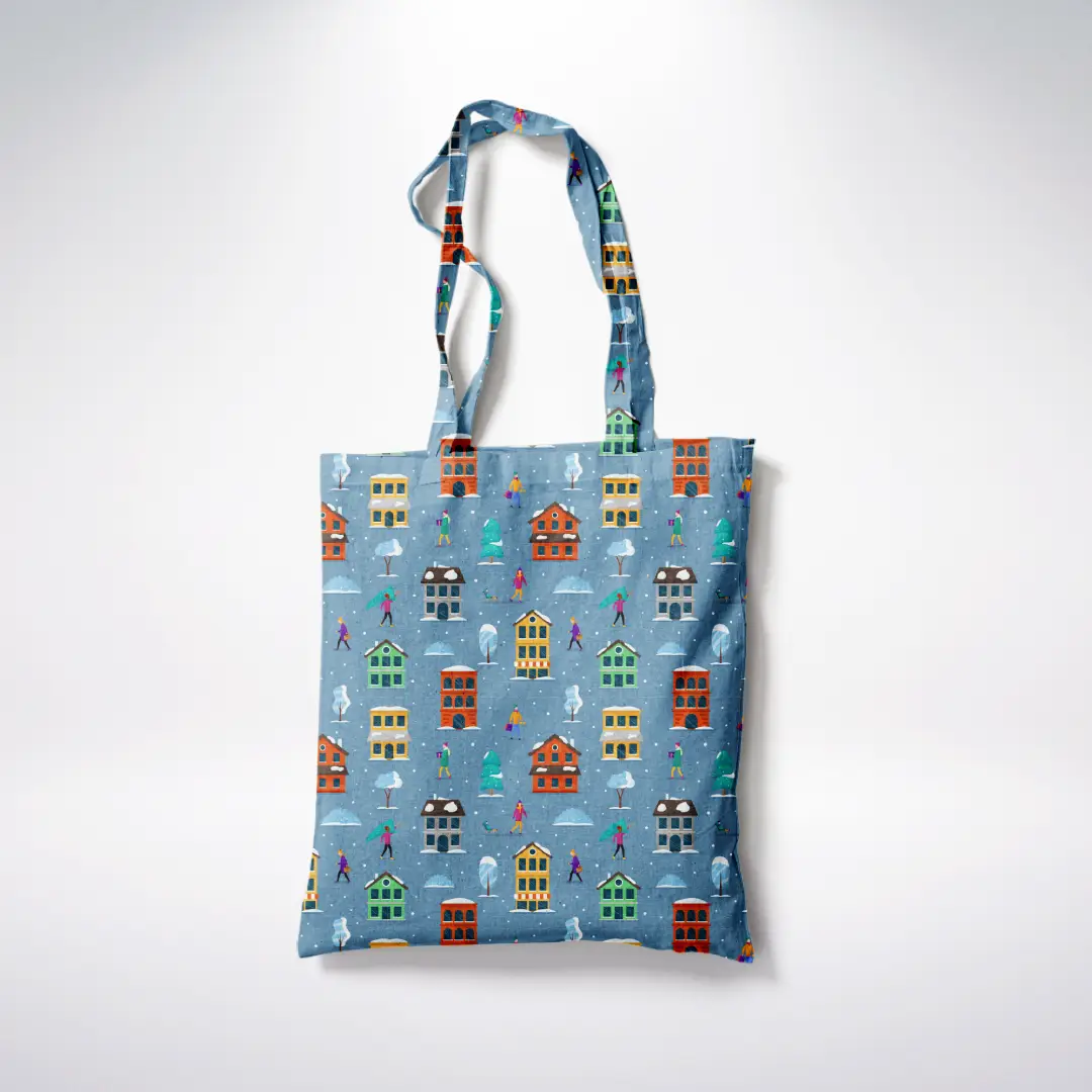 Winter Days Printed Blue Canvas Fabric Tote Bag