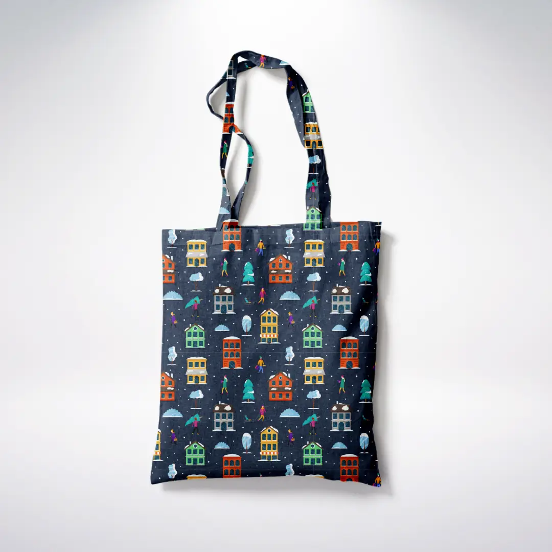 Winter Days Printed Dark Blue Canvas Fabric Tote Bag