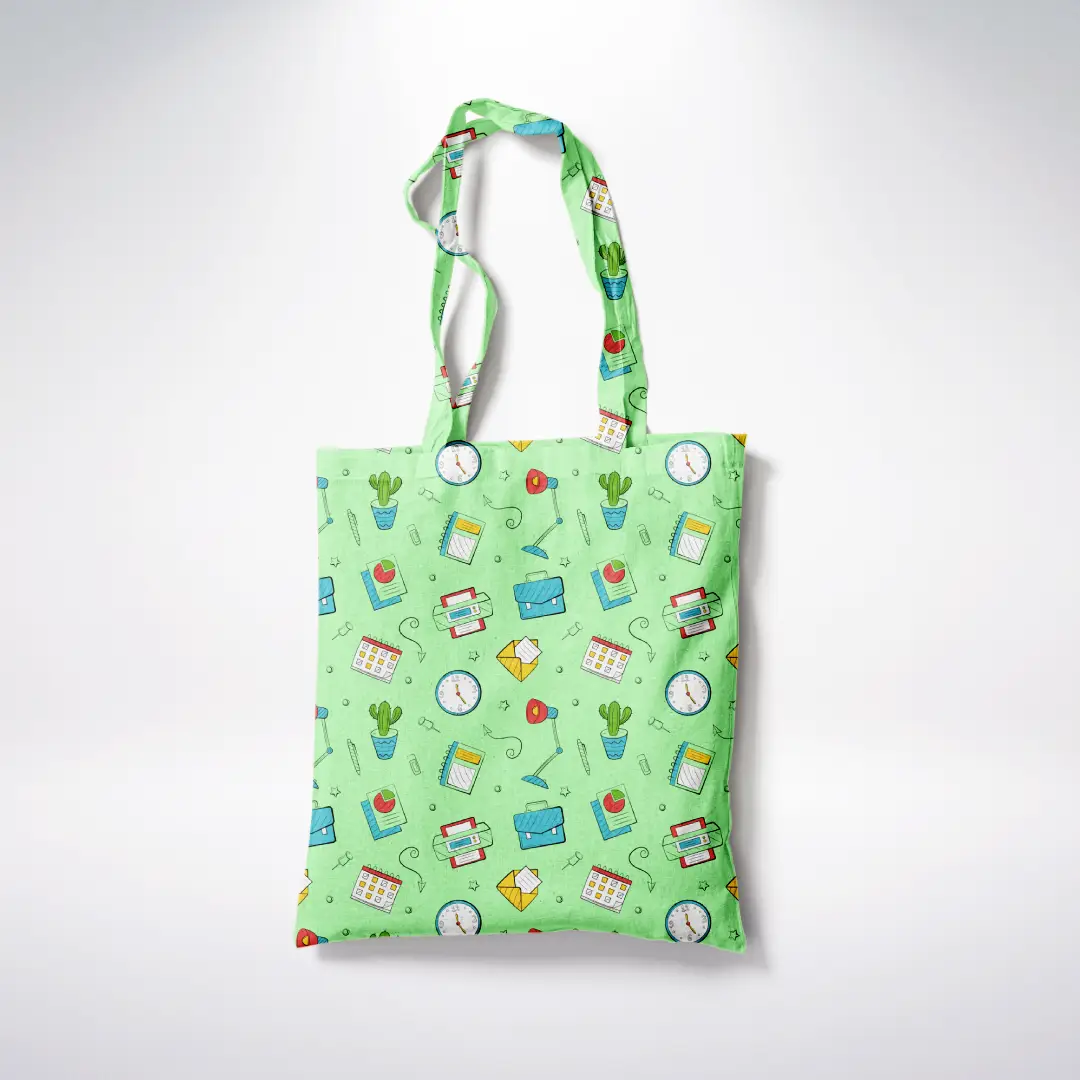 Quirky Office Printed Light Green Canvas Fabric Tote Bag