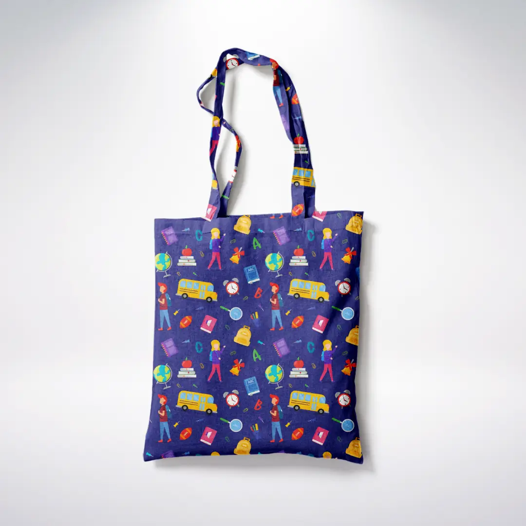 Kids School Graphic Printed Purple Canvas Fabric Tote Bag