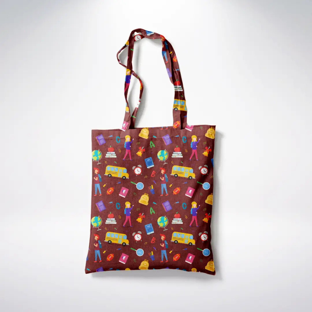 Kids School Graphic Printed Brown Canvas Fabric Tote Bag