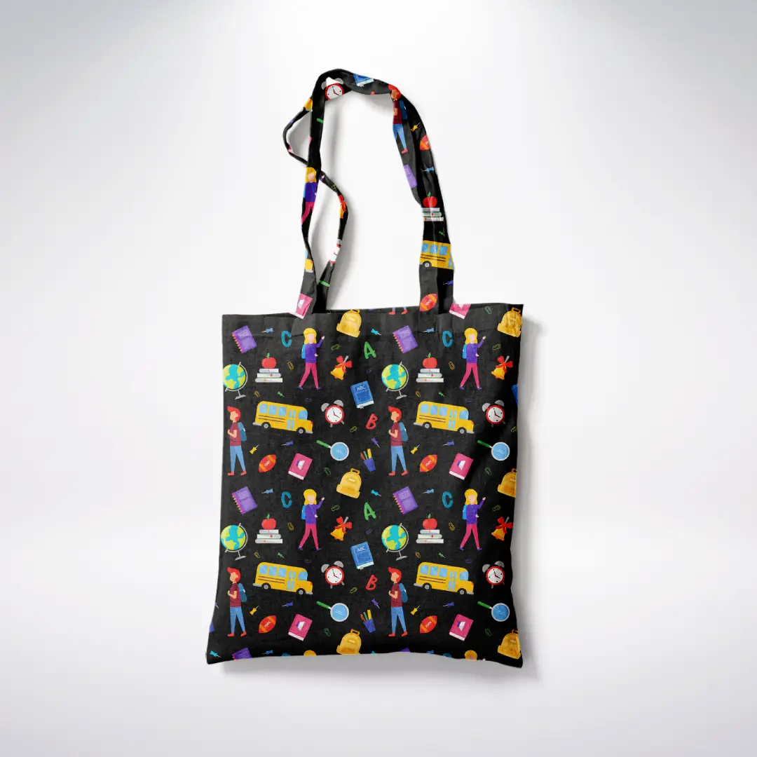 Kids School Graphic Printed Black Canvas Fabric Tote Bag