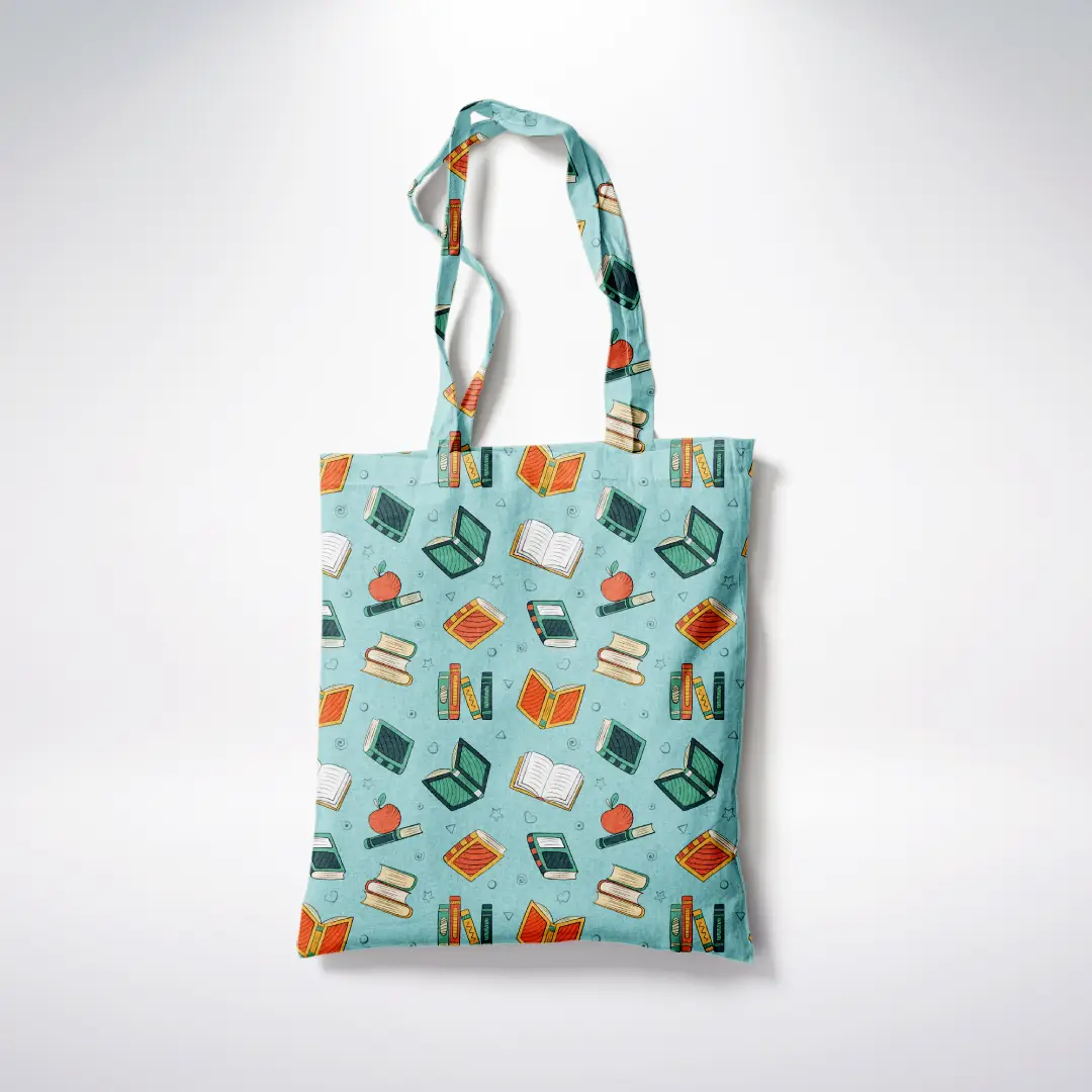 Books Printed Teal Canvas Fabric Tote Bag